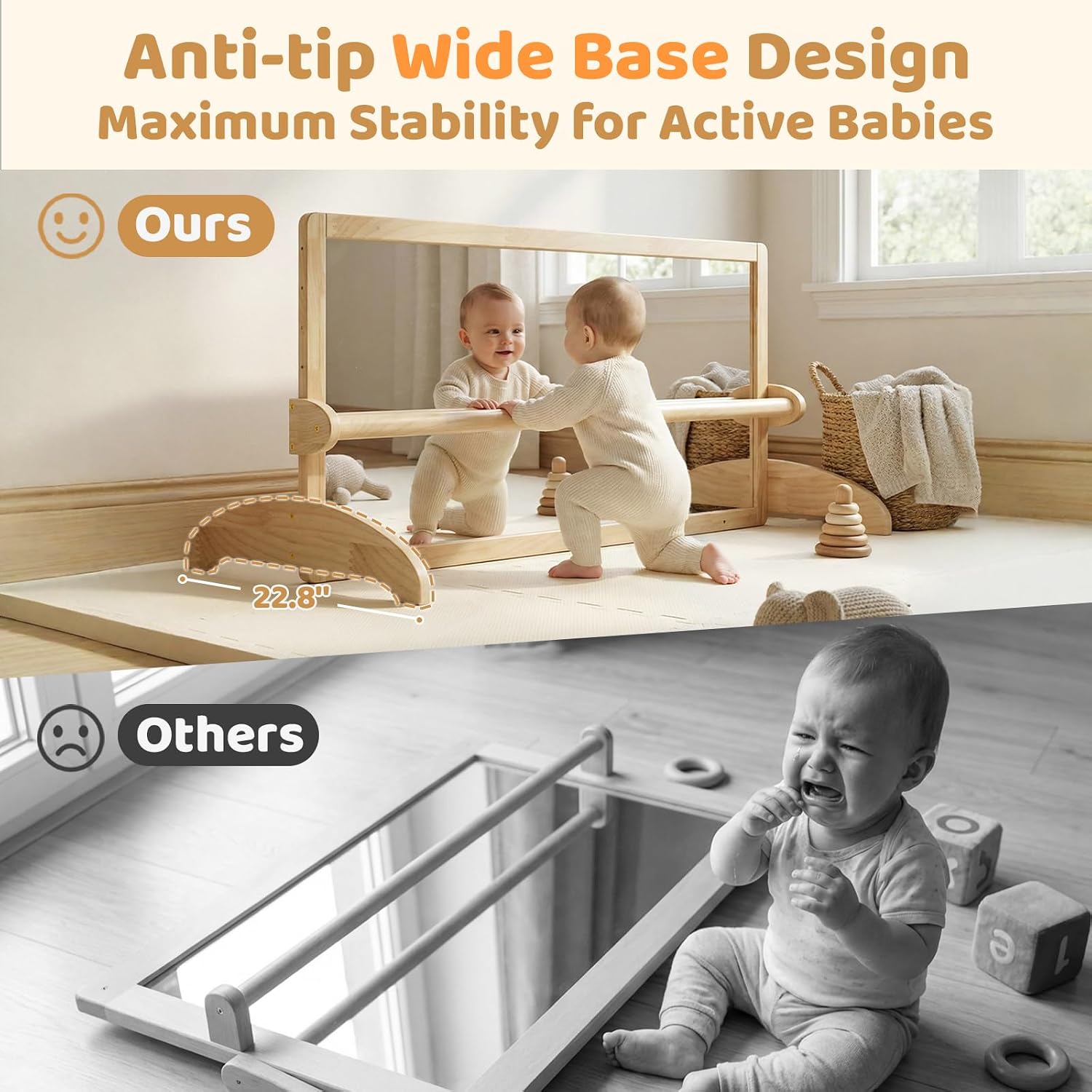 Wooden Montessori standing mirror with natural pull-up bar, full-length reflection for baby gross motor development — detail