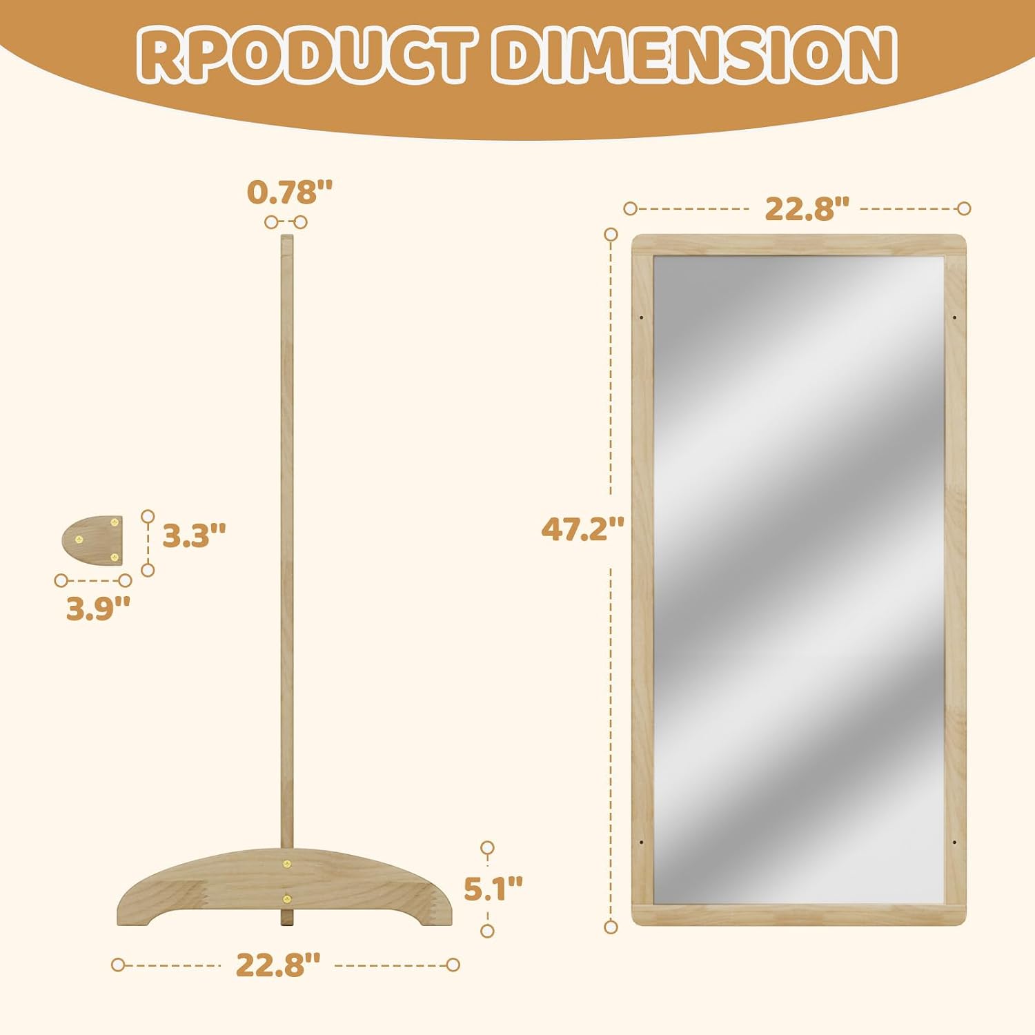 Wooden Montessori standing mirror with natural pull-up bar, full-length reflection for baby gross motor development — view 7a