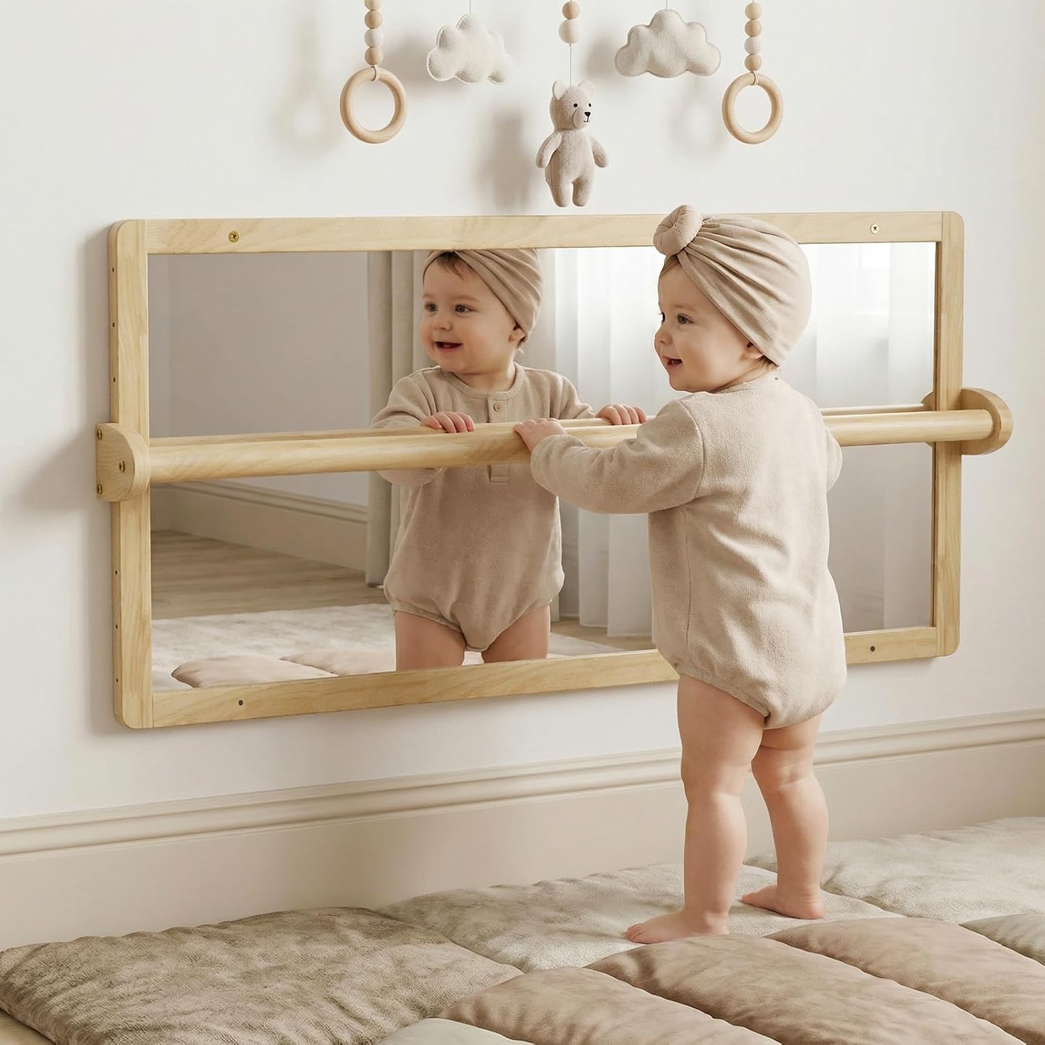 Wooden Montessori standing mirror with natural pull-up bar, full-length reflection for baby gross motor development — view 5a