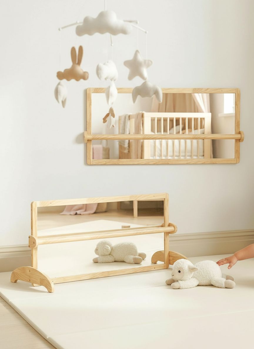 Wooden Montessori standing mirror with natural pull-up bar, full-length reflection for baby gross motor development — view 3