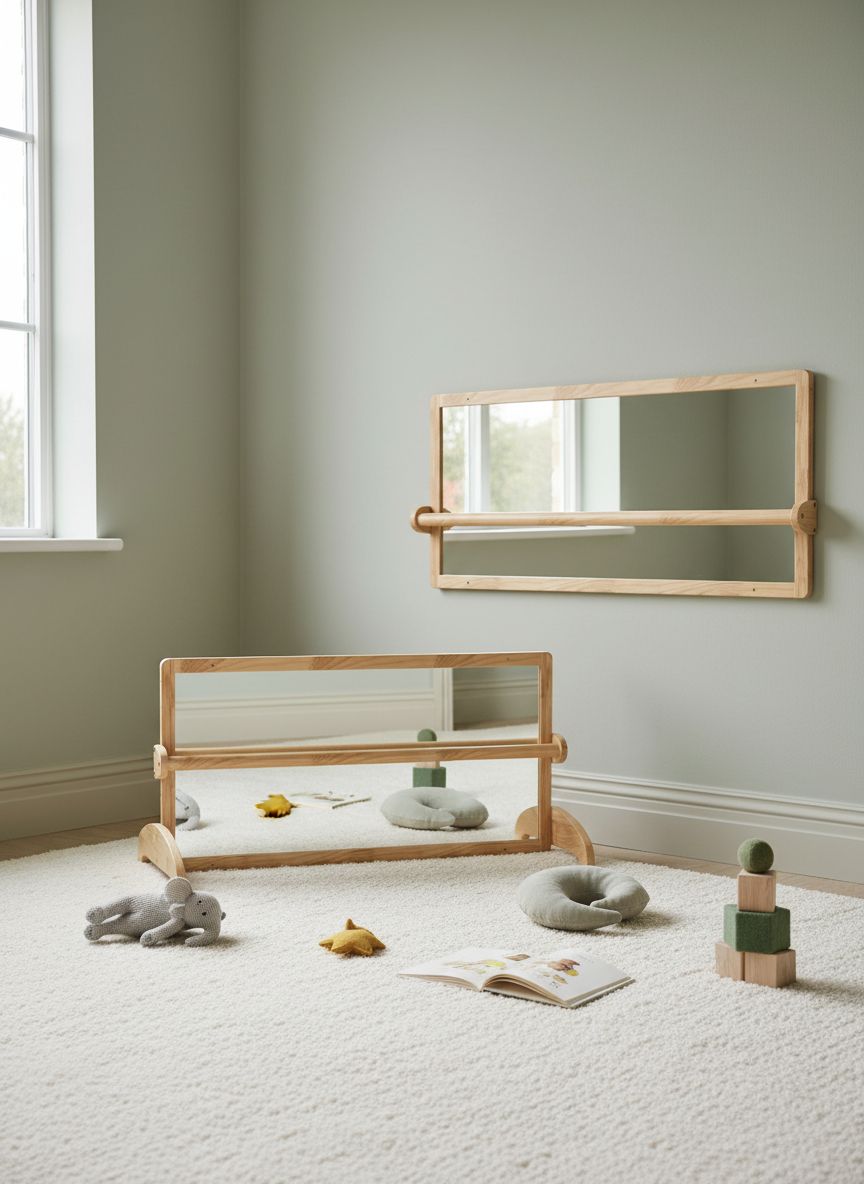 Wooden Montessori standing mirror with natural pull-up bar, full-length reflection for baby gross motor development — view 2