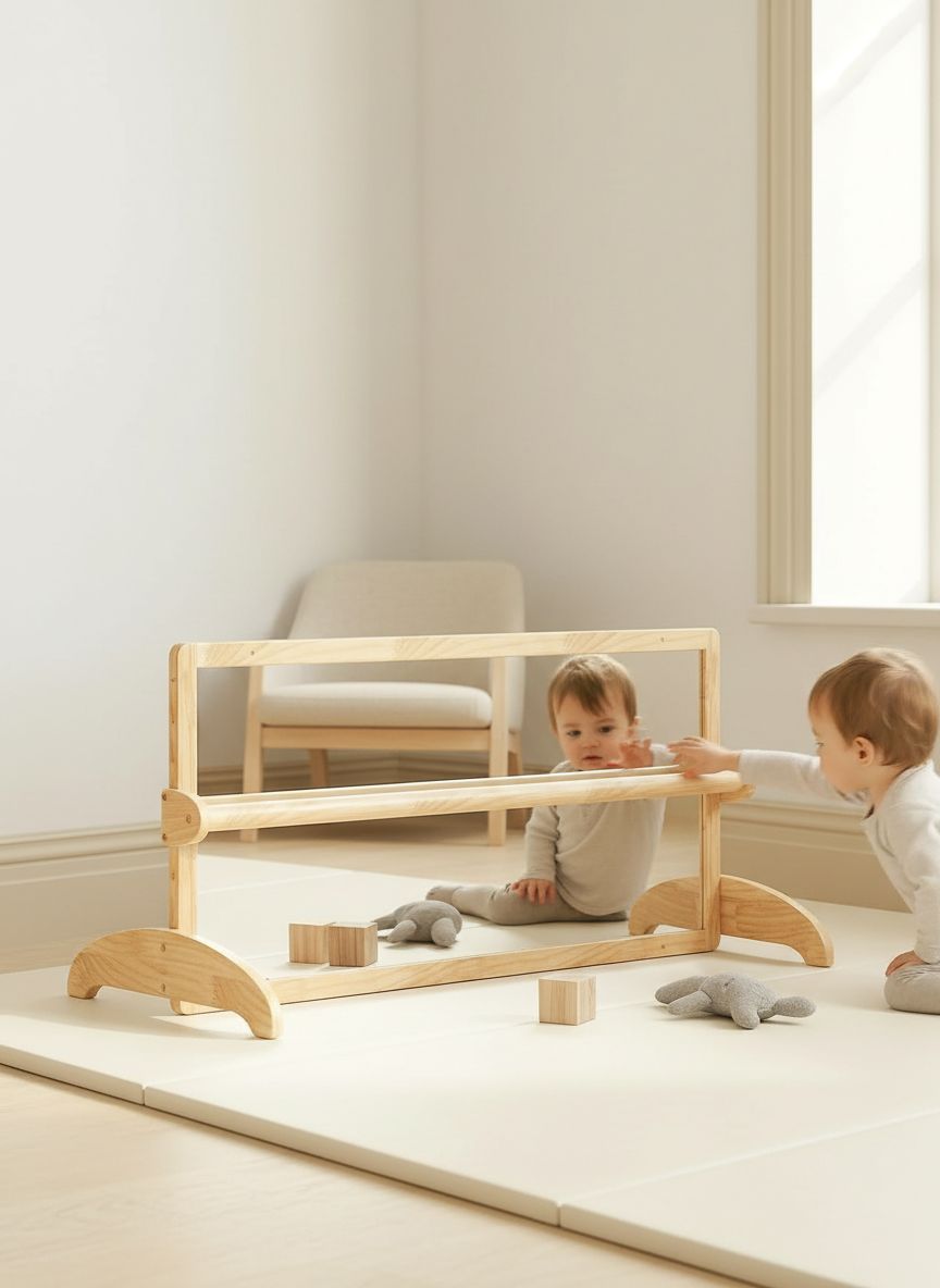 Wooden Montessori standing mirror with natural pull-up bar, full-length reflection for baby gross motor development — view 3a