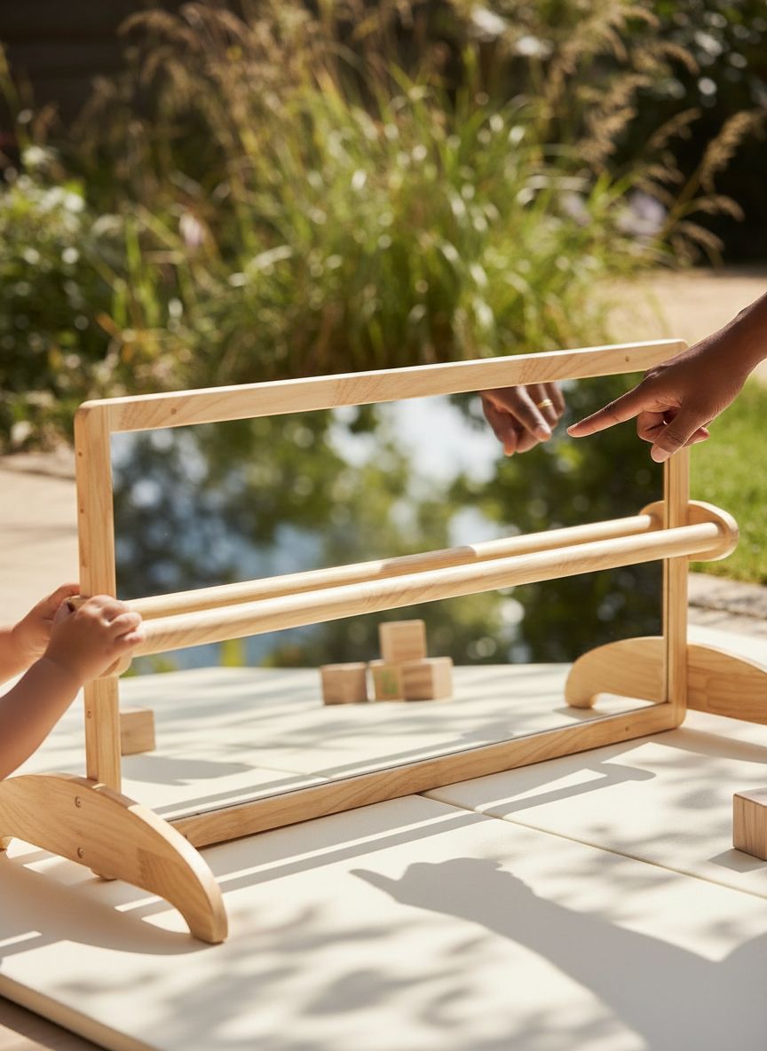 Wooden Montessori standing mirror with natural pull-up bar, full-length reflection for baby gross motor development — view 6