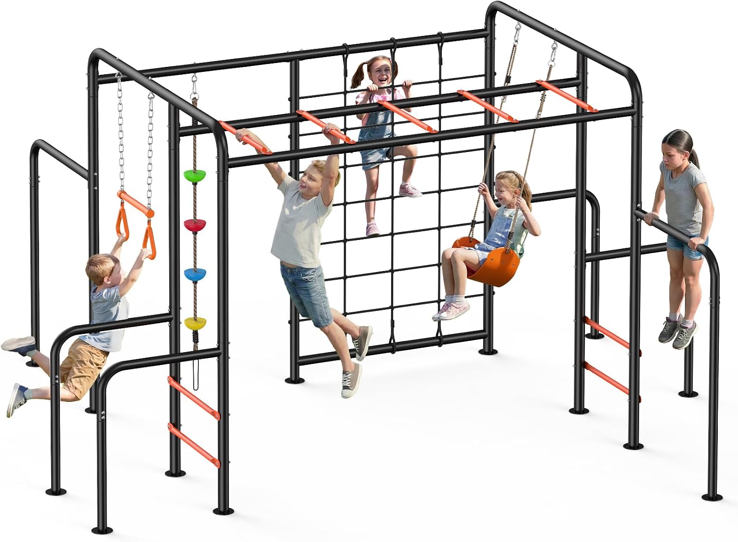 Heavy-duty metal jungle gym with monkey bars frame, climbing net, and multiple swing attachments for backyard play — view 1