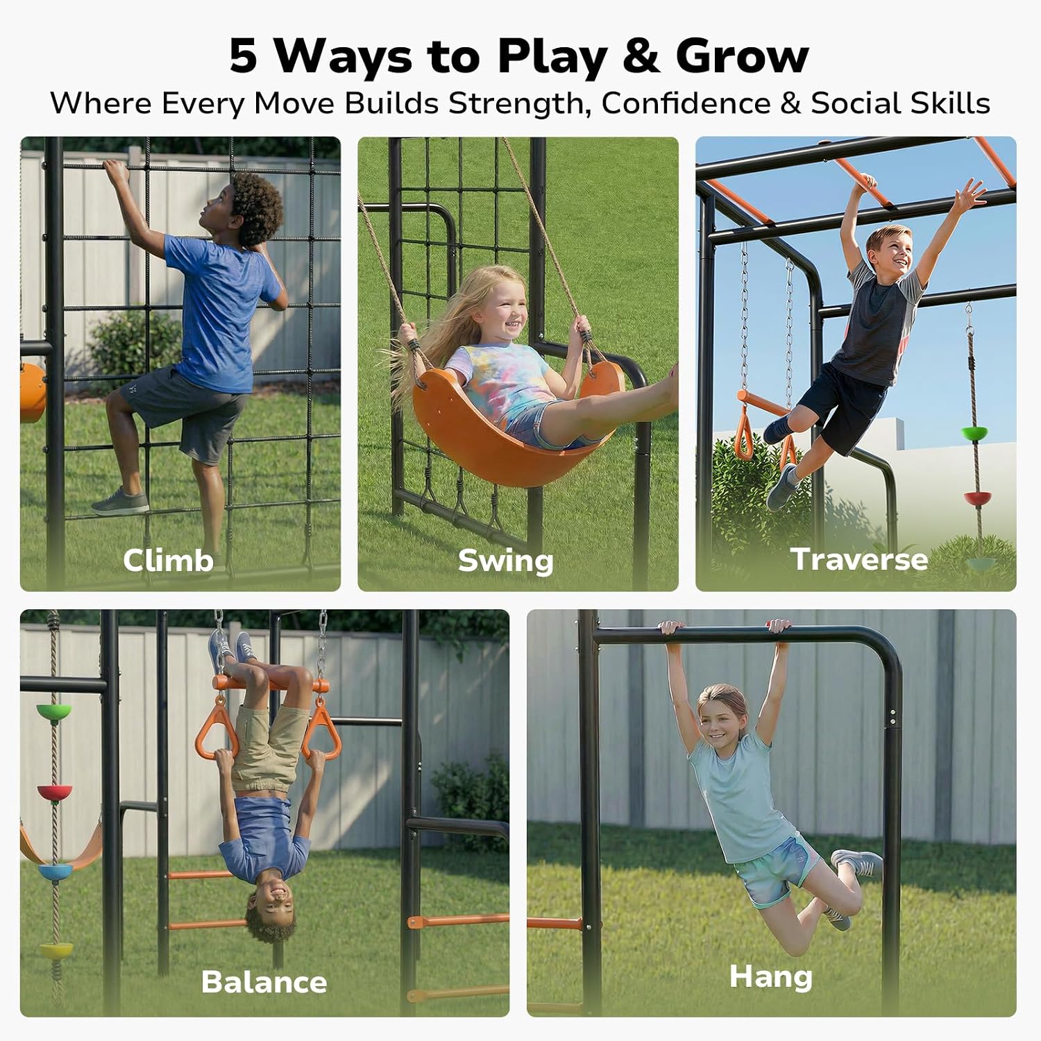 Heavy-duty metal jungle gym with monkey bars frame, climbing net, and multiple swing attachments for backyard play — view 2