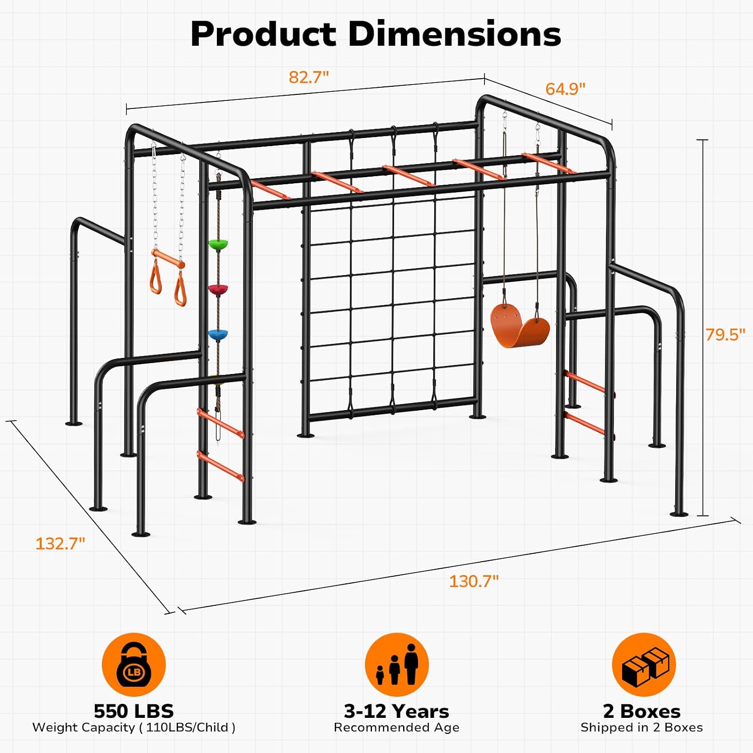 Heavy-duty metal jungle gym with monkey bars frame, climbing net, and multiple swing attachments for backyard play — view 3