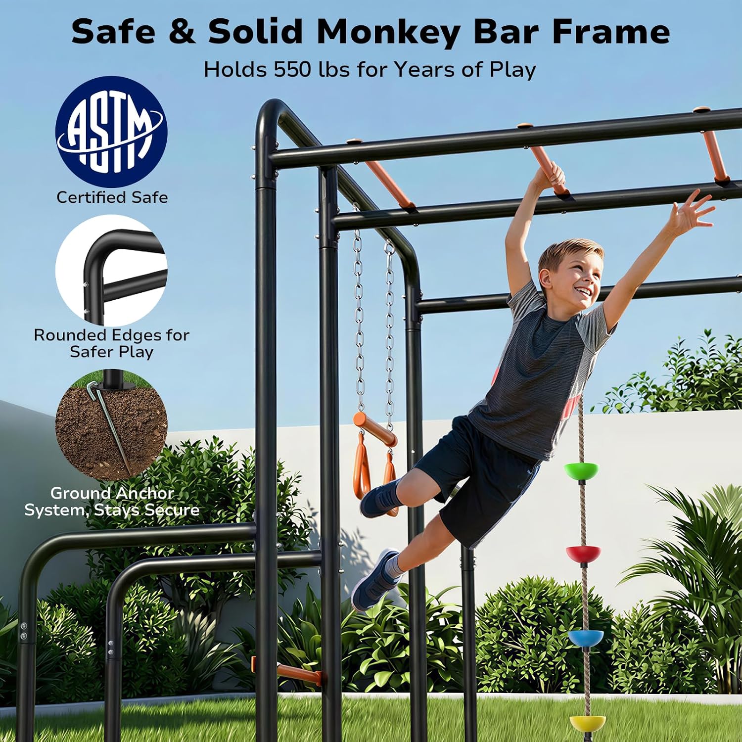 Heavy-duty metal jungle gym with monkey bars frame, climbing net, and multiple swing attachments for backyard play — view 4