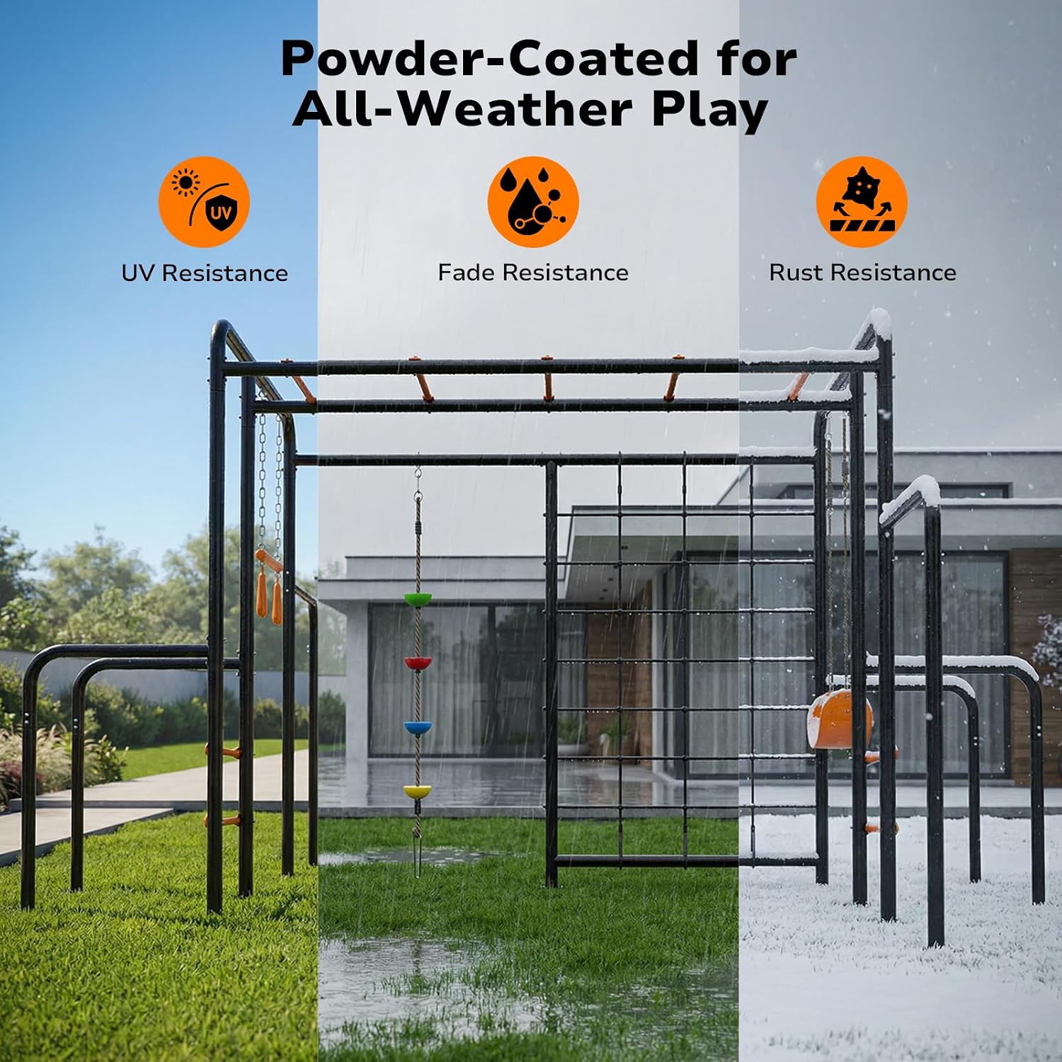 Heavy-duty metal jungle gym with monkey bars frame, climbing net, and multiple swing attachments for backyard play — view 2