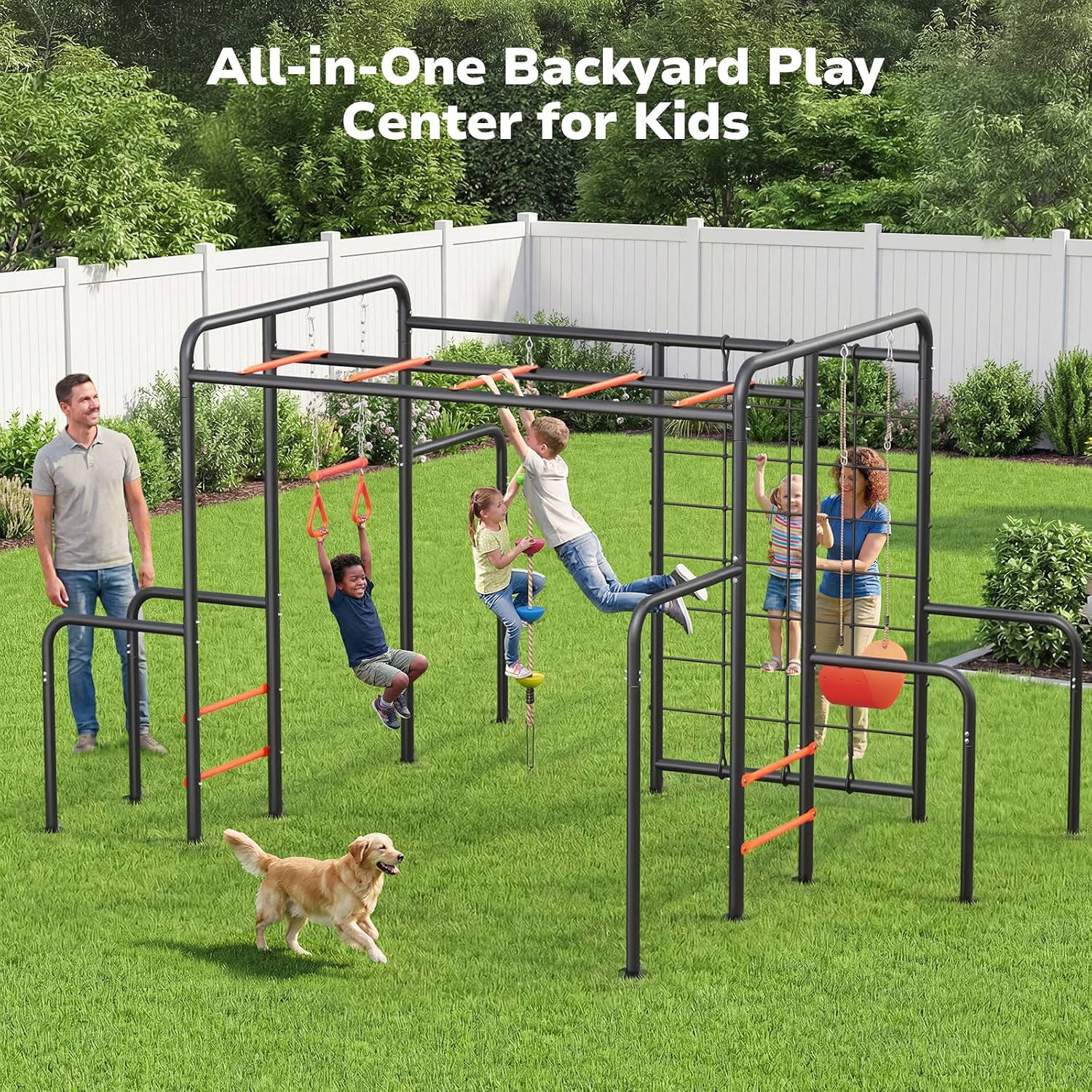 Heavy-duty metal jungle gym with monkey bars frame, climbing net, and multiple swing attachments for backyard play — view 4