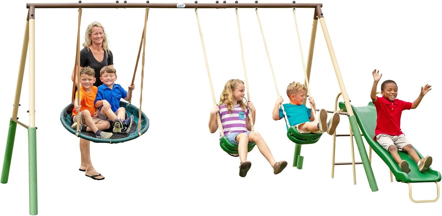 SuperDisc swing set with metal frame and padded leg protection, designed for multiple children — view 1