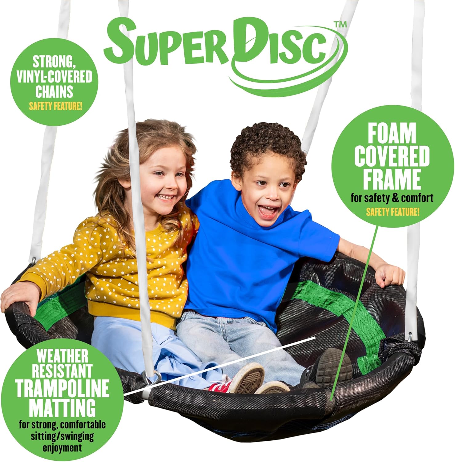 SuperDisc swing set with metal frame and padded leg protection, designed for multiple children — detail