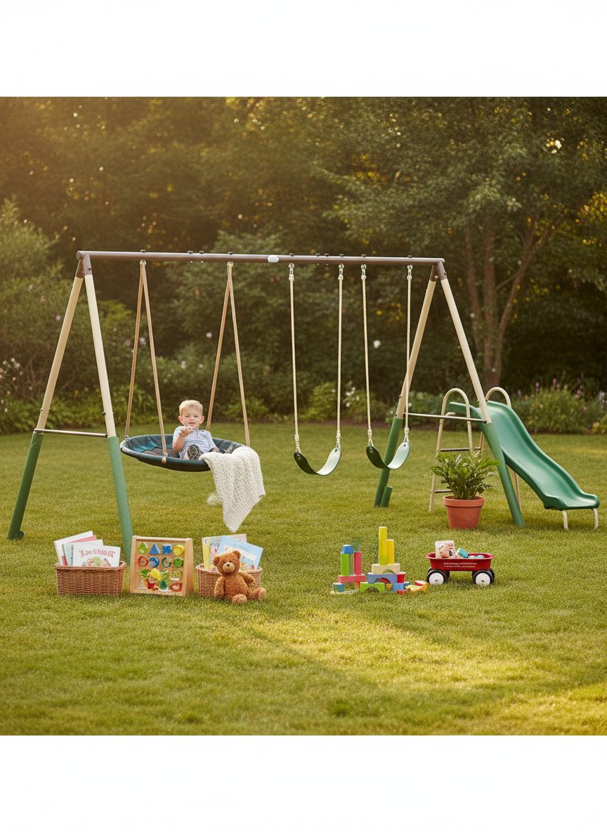 SuperDisc swing set with metal frame and padded leg protection, designed for multiple children — view 3a