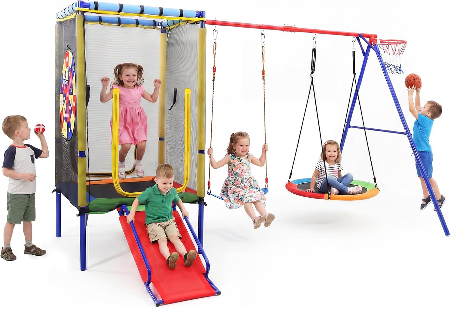 Heavy-duty metal A-frame swing set with attached trampoline, slide, and multiple swings in dark gray finish — view 1