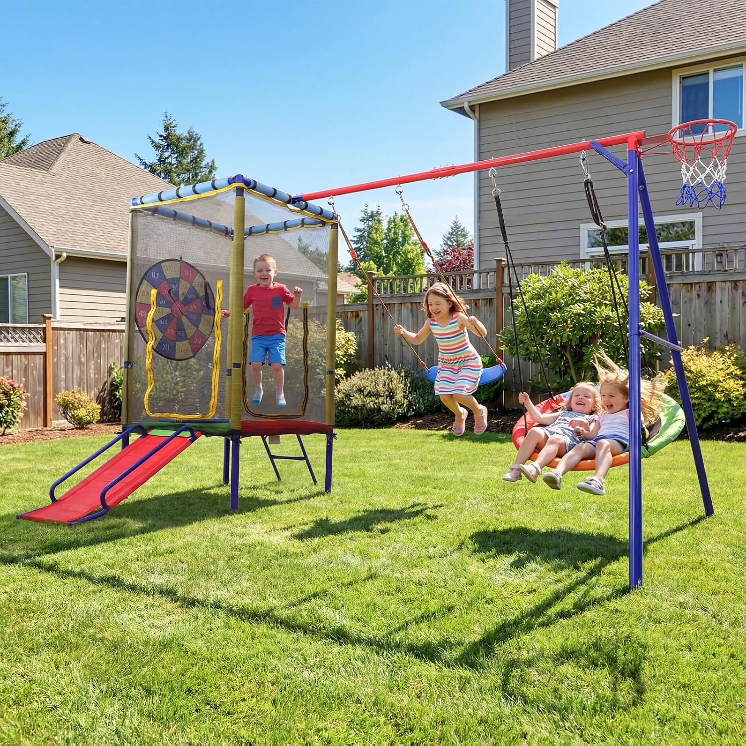 Heavy-duty metal A-frame swing set with attached trampoline, slide, and multiple swings in dark gray finish — view 2