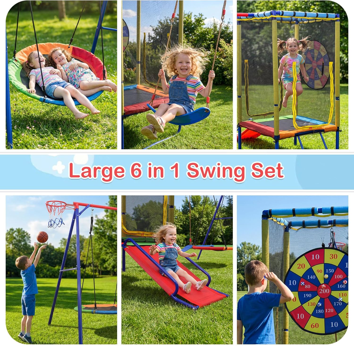Heavy-duty metal A-frame swing set with attached trampoline, slide, and multiple swings in dark gray finish — view 3