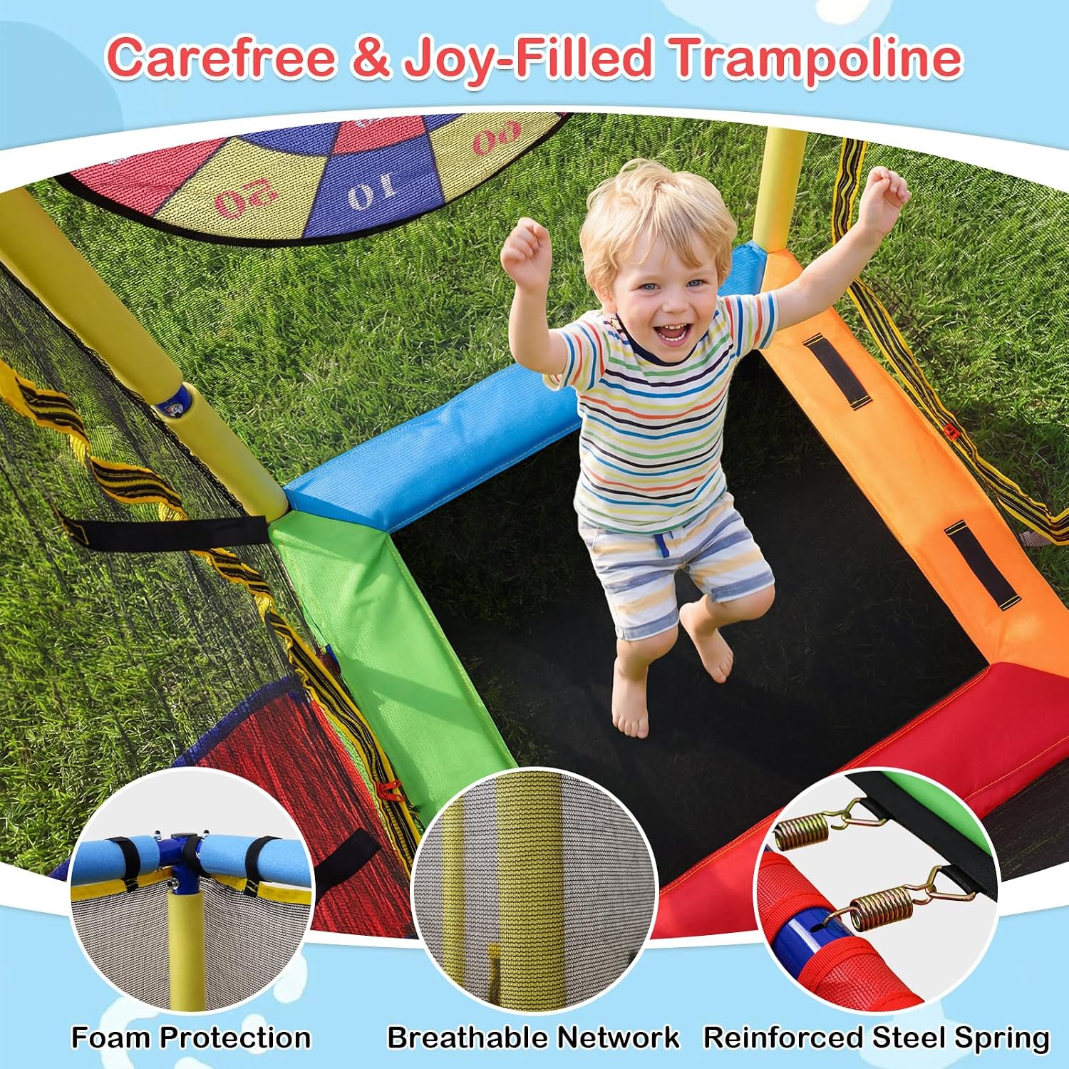 Heavy-duty metal A-frame swing set with attached trampoline, slide, and multiple swings in dark gray finish — view 4