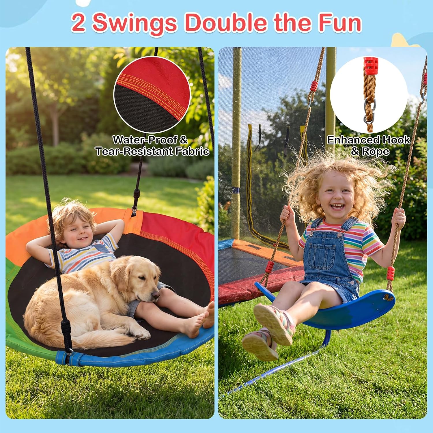 Heavy-duty metal A-frame swing set with attached trampoline, slide, and multiple swings in dark gray finish — view 2