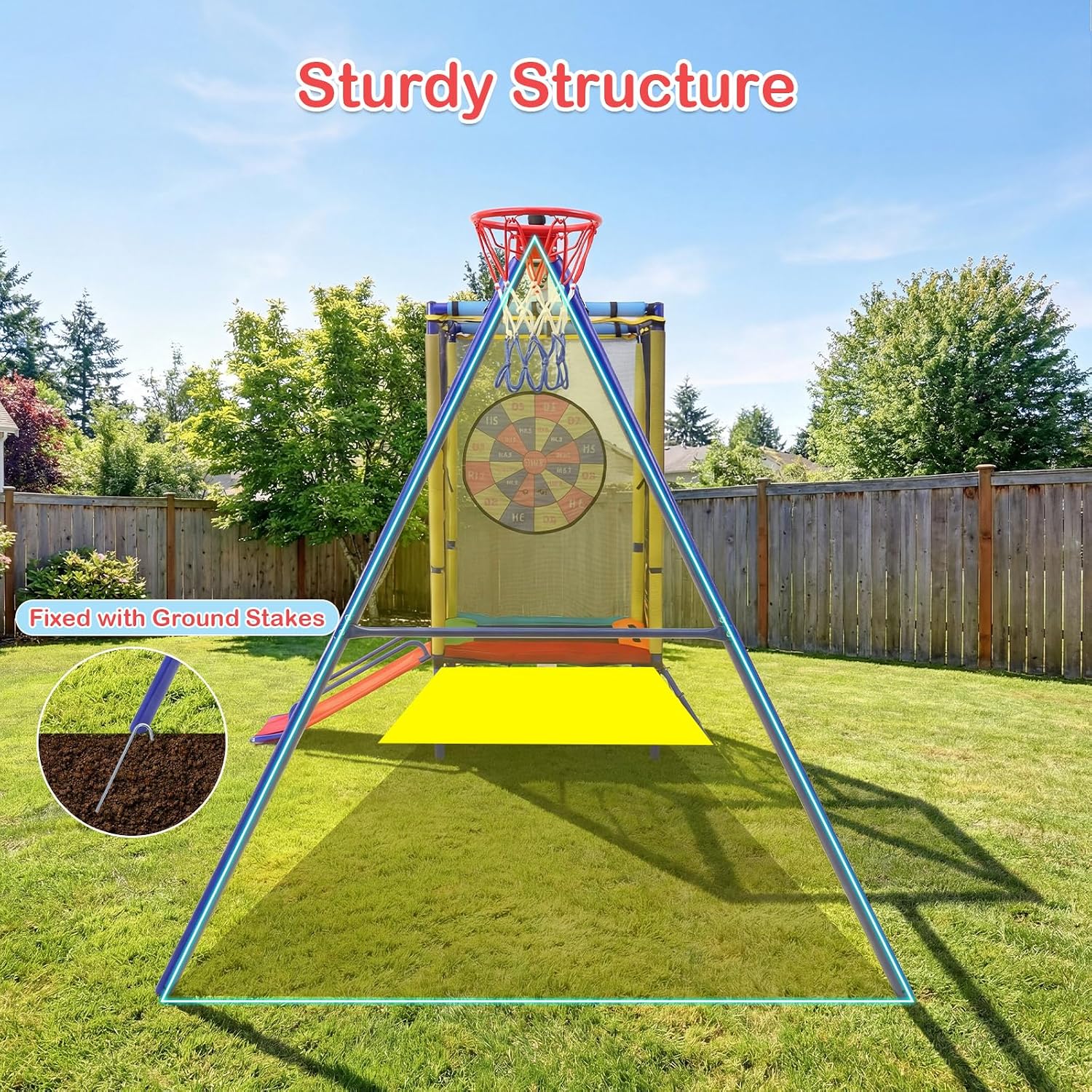 Heavy-duty metal A-frame swing set with attached trampoline, slide, and multiple swings in dark gray finish — view 3