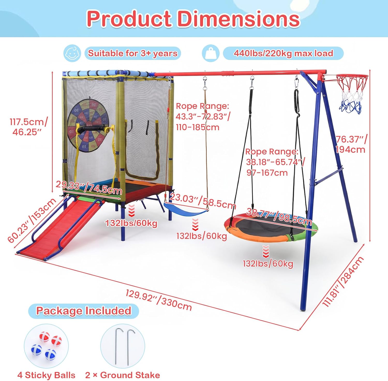 Heavy-duty metal A-frame swing set with attached trampoline, slide, and multiple swings in dark gray finish — view 4