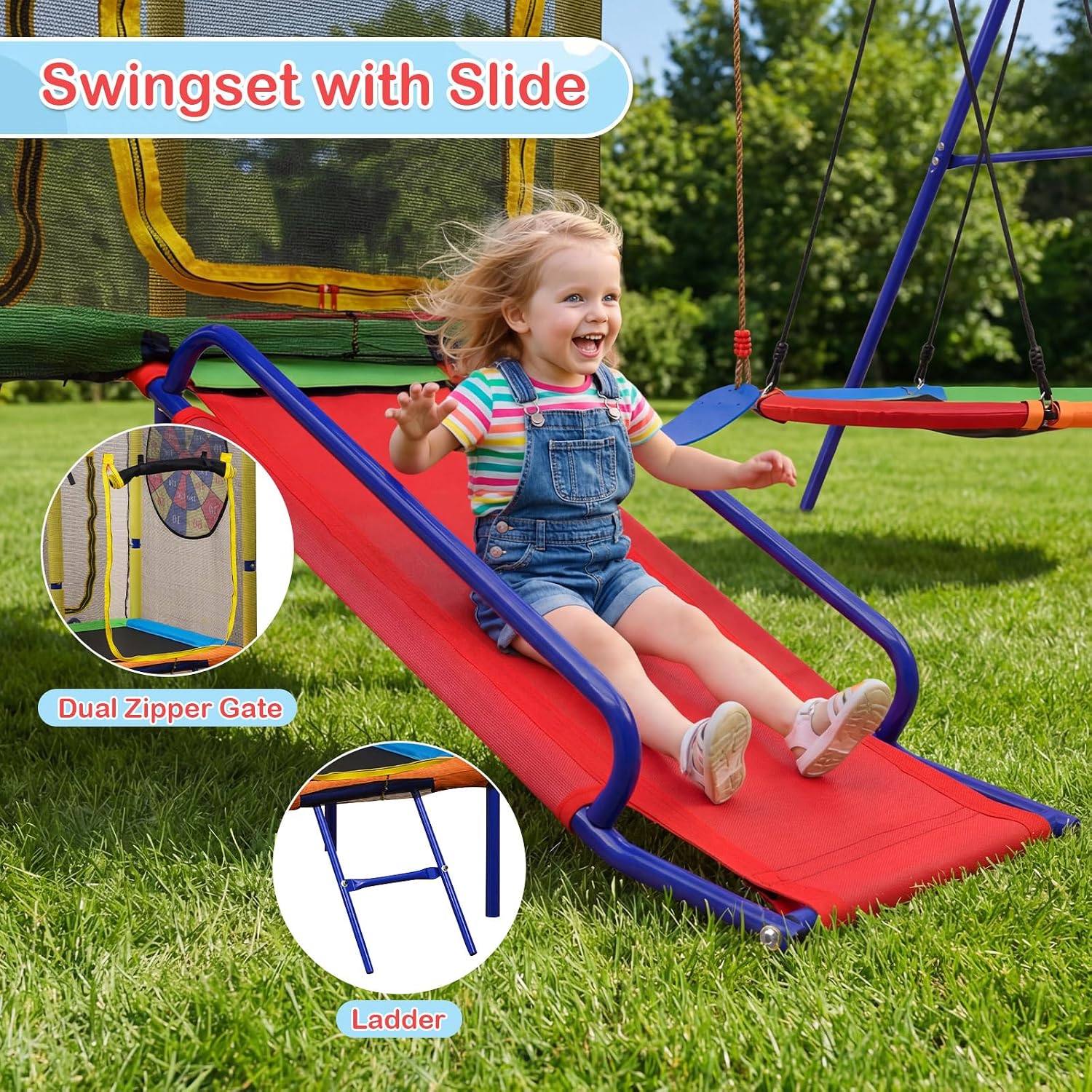 Heavy-duty metal A-frame swing set with attached trampoline, slide, and multiple swings in dark gray finish — view 3a