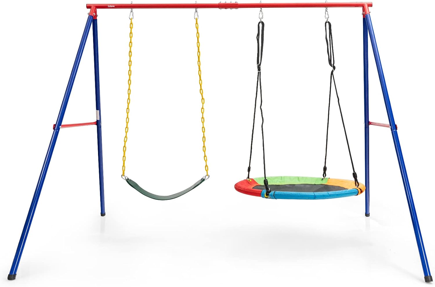 Heavy-duty metal A-frame swing set with attached trampoline, slide, and multiple swings in dark gray finish — view 4