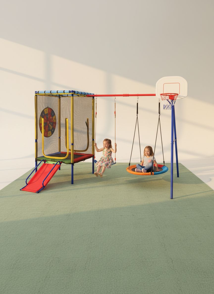 Heavy-duty metal A-frame swing set with attached trampoline, slide, and multiple swings in dark gray finish — view 1
