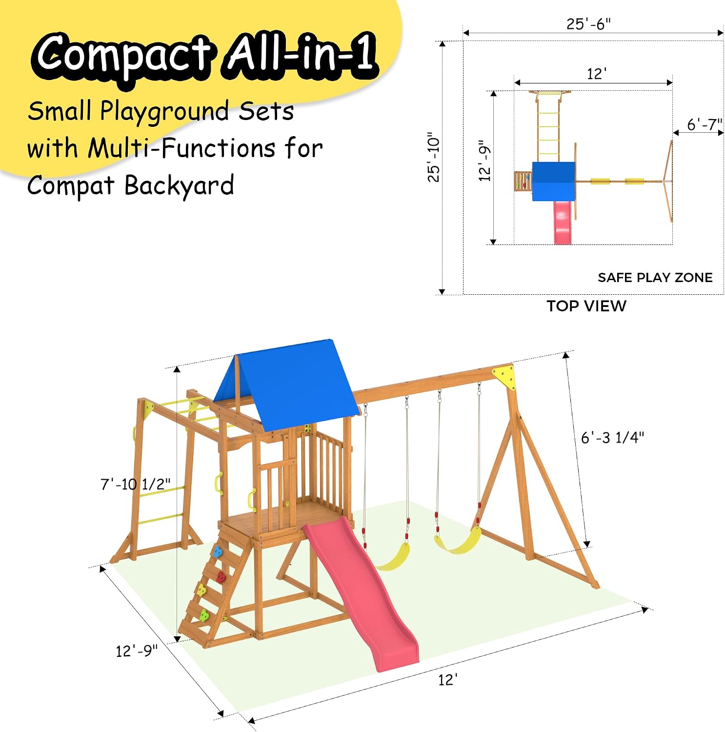 Wooden swing set with canopy featuring two belt swings, wave slide, monkey bars, climbing ladder, and rock wall for backyard play — view 2