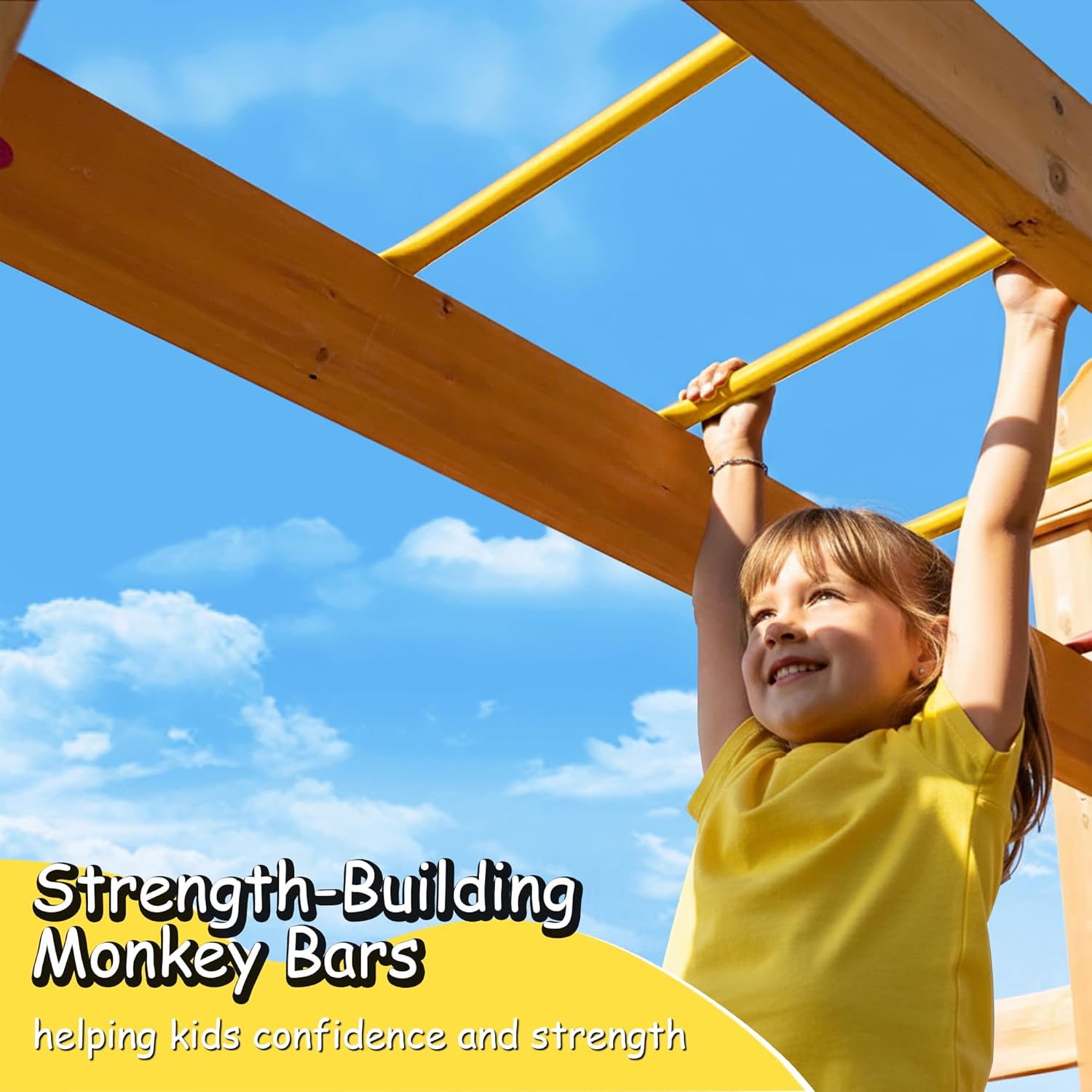 Wooden swing set with canopy featuring two belt swings, wave slide, monkey bars, climbing ladder, and rock wall for backyard play — view 3