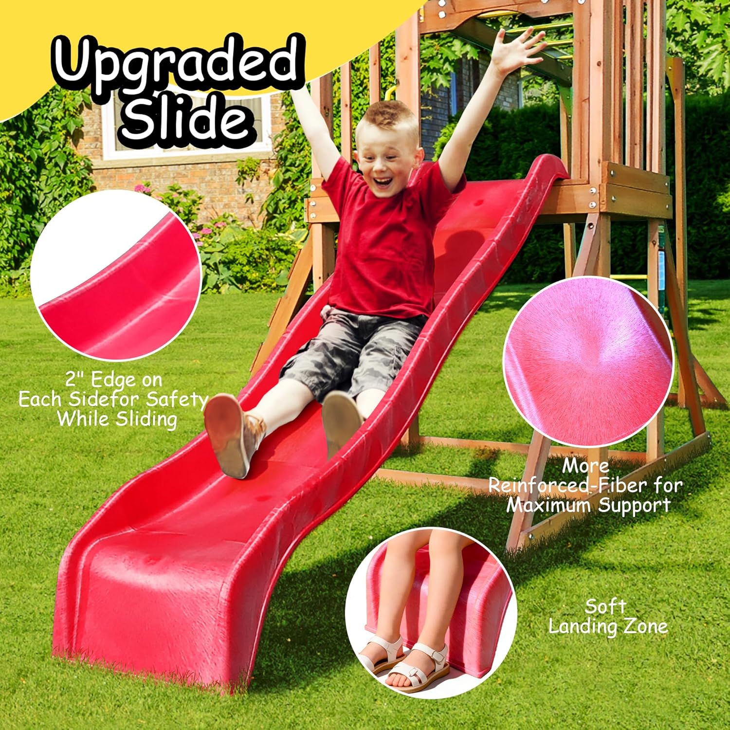 Wooden swing set with canopy featuring two belt swings, wave slide, monkey bars, climbing ladder, and rock wall for backyard play — view 2