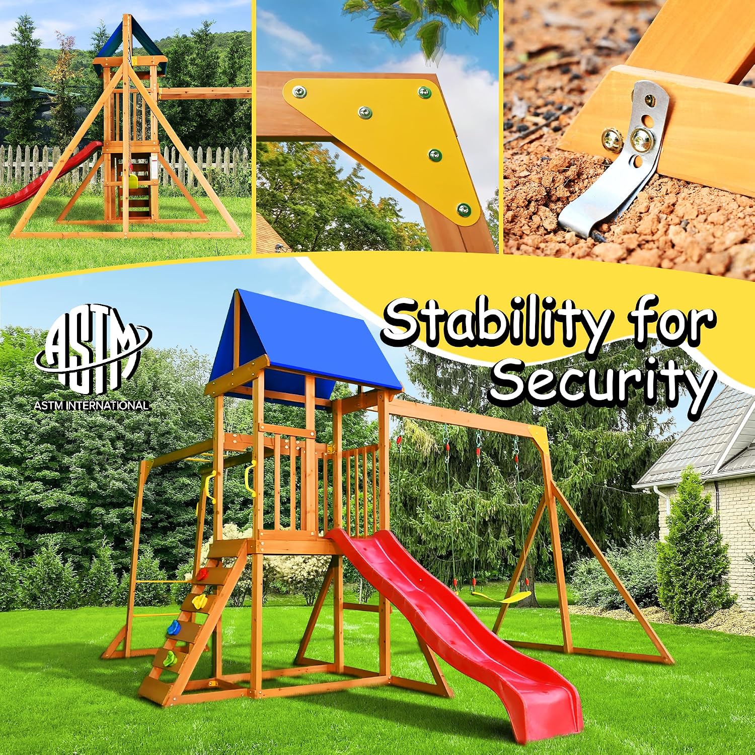 Wooden swing set with canopy featuring two belt swings, wave slide, monkey bars, climbing ladder, and rock wall for backyard play — view 3