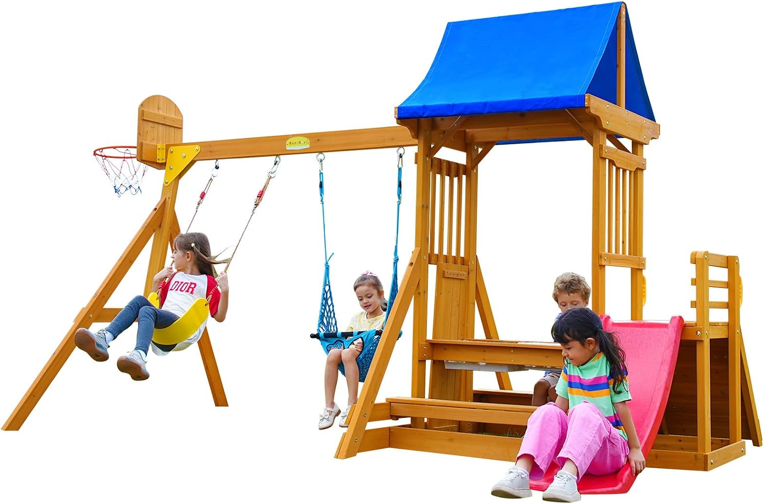 Wooden swing set with canopy featuring two belt swings, wave slide, monkey bars, climbing ladder, and rock wall for backyard play — view 5