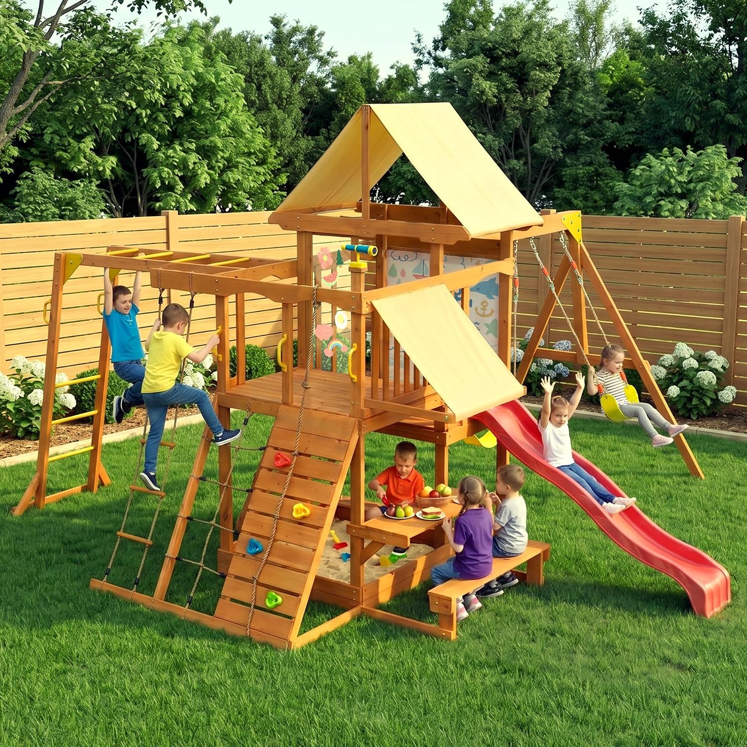 Wooden swing set with canopy featuring two belt swings, wave slide, monkey bars, climbing ladder, and rock wall for backyard play — view 5a
