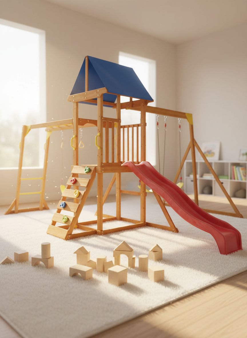 Wooden swing set with canopy featuring two belt swings, wave slide, monkey bars, climbing ladder, and rock wall for backyard play — view 1