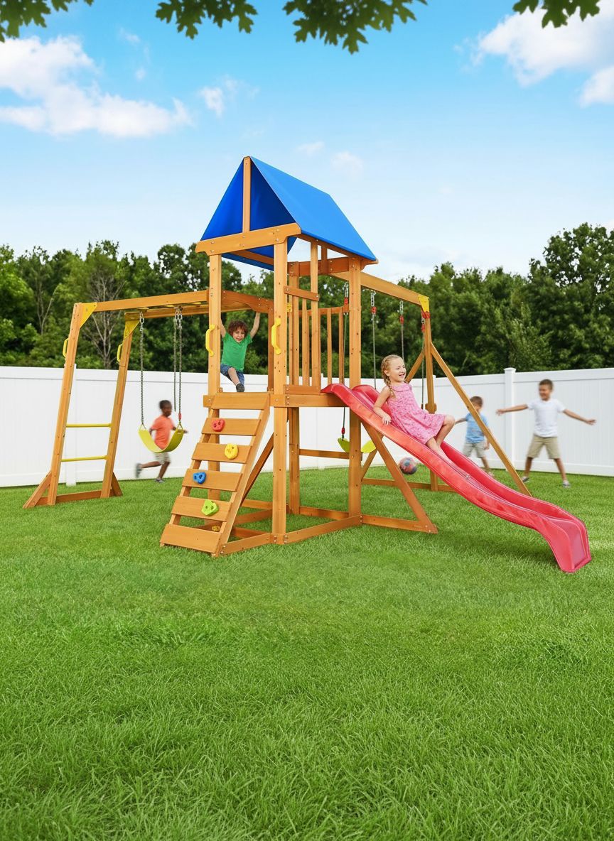 Wooden swing set with canopy featuring two belt swings, wave slide, monkey bars, climbing ladder, and rock wall for backyard play — view 4