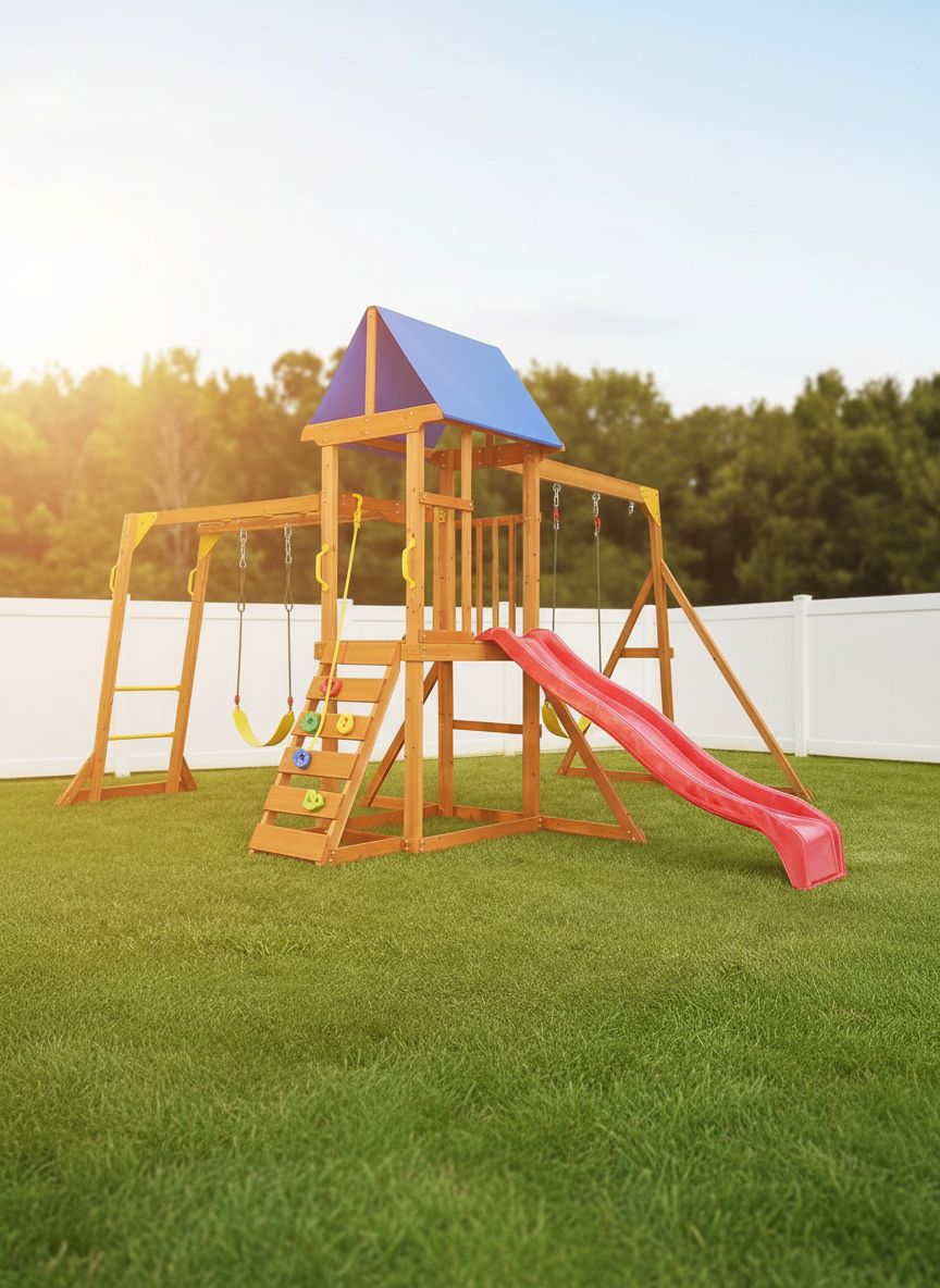 Wooden swing set with canopy featuring two belt swings, wave slide, monkey bars, climbing ladder, and rock wall for backyard play — view 4