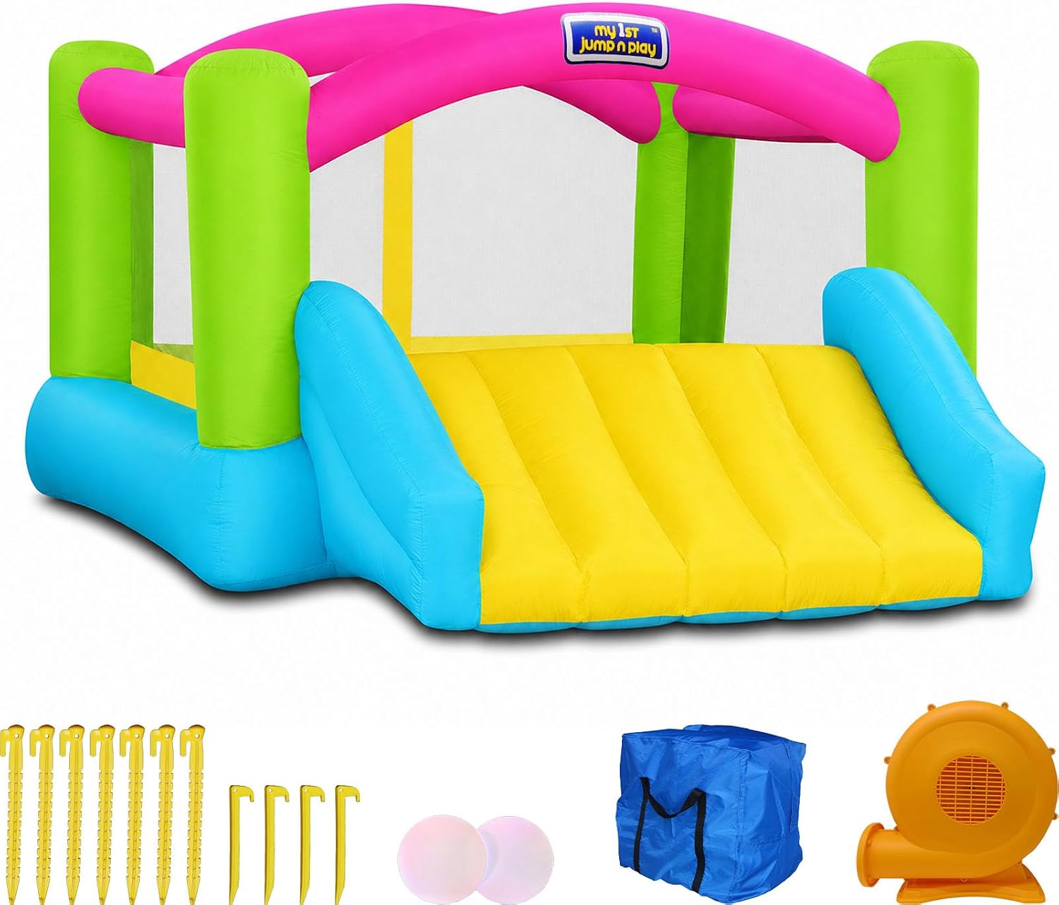 Inflatable bounce house with attached slide in bright primary colors, featuring heavy-duty blower unit — view 1