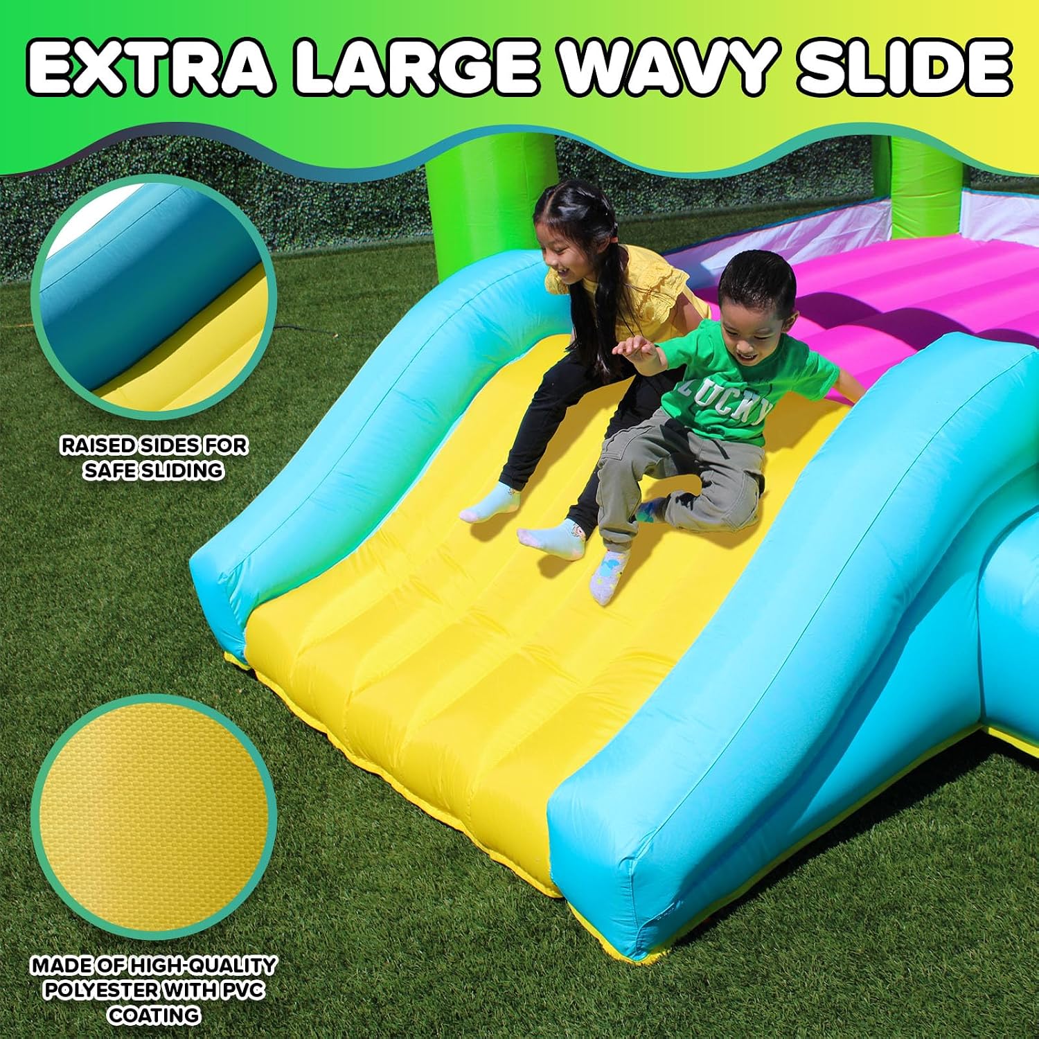Inflatable bounce house with attached slide in bright primary colors, featuring heavy-duty blower unit — view 5a