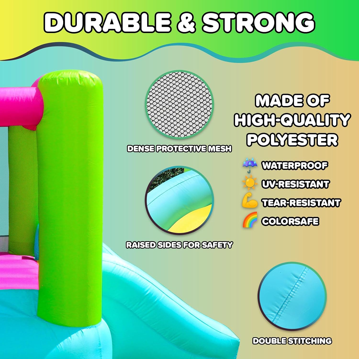 Inflatable bounce house with attached slide in bright primary colors, featuring heavy-duty blower unit — detail