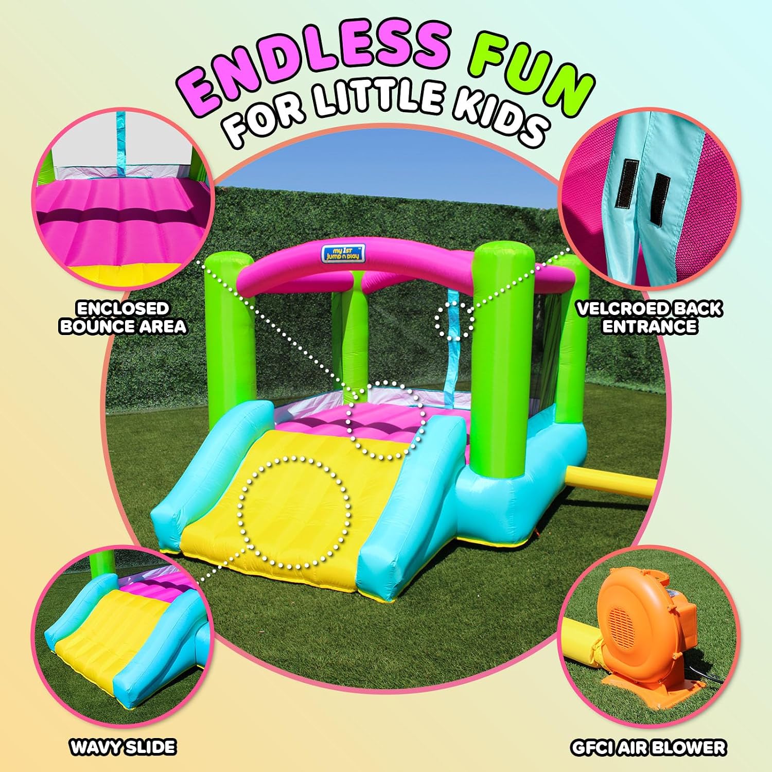 Inflatable bounce house with attached slide in bright primary colors, featuring heavy-duty blower unit — view 4