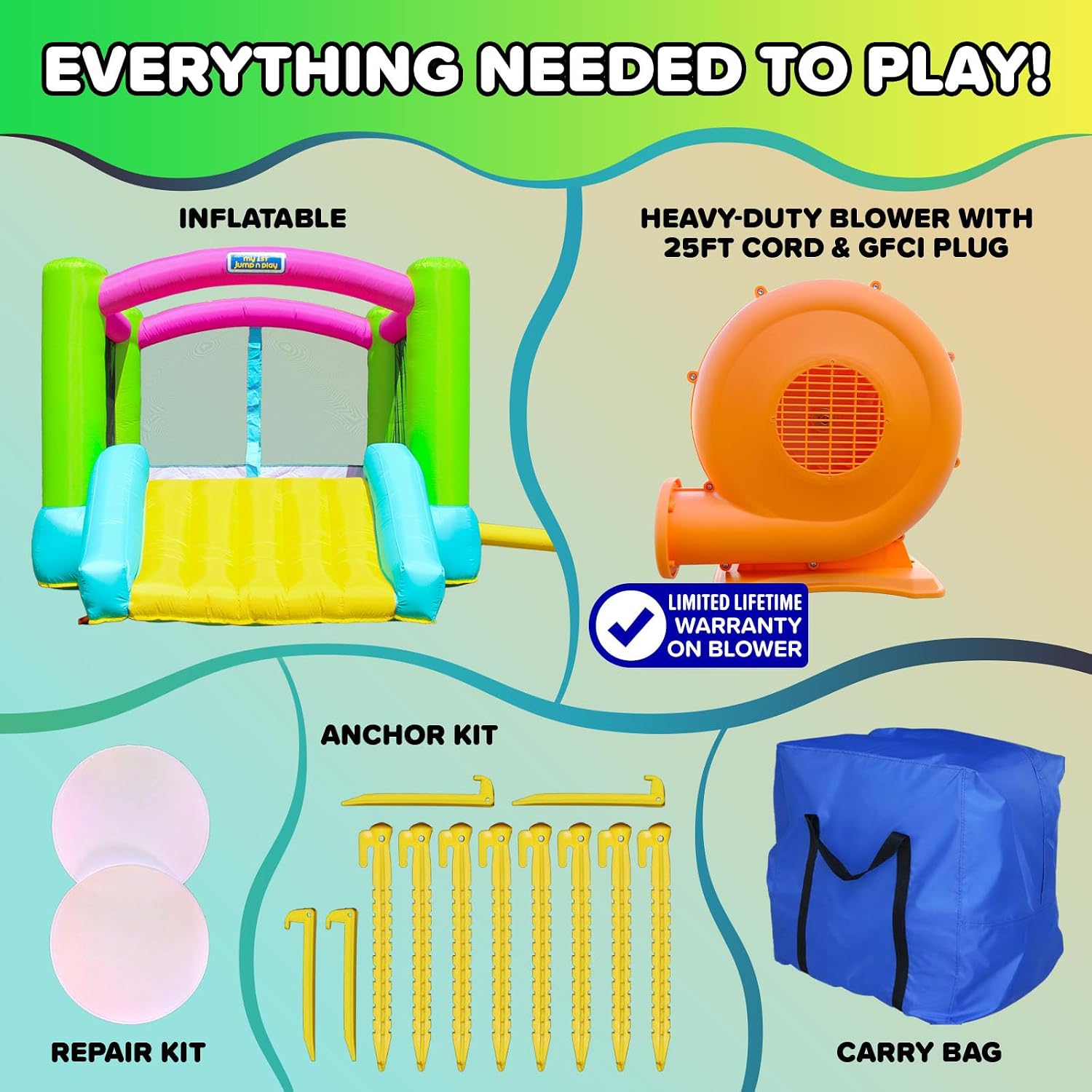 Inflatable bounce house with attached slide in bright primary colors, featuring heavy-duty blower unit — view 3a