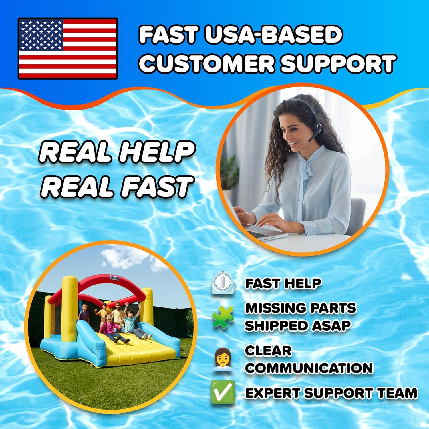 Inflatable bounce house with attached slide in bright primary colors, featuring heavy-duty blower unit — view 4