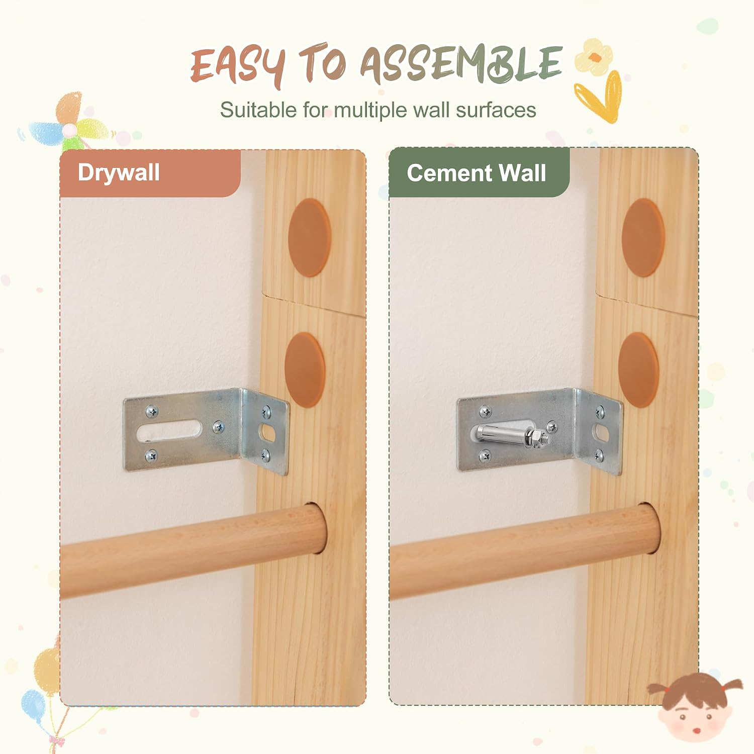 6-in-1 wooden wall-mounted climbing gym with swing, slide, and rope ladder in natural wood finish โ view 6