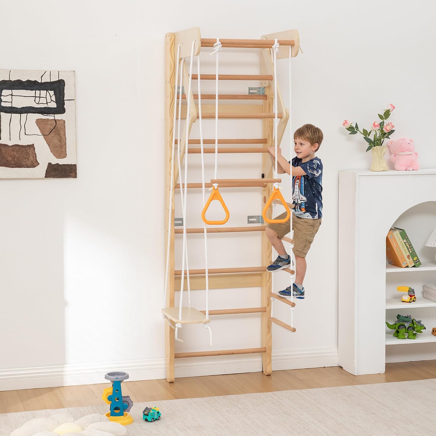 6-in-1 wooden wall-mounted climbing gym with swing, slide, and rope ladder in natural wood finish โ view 7a