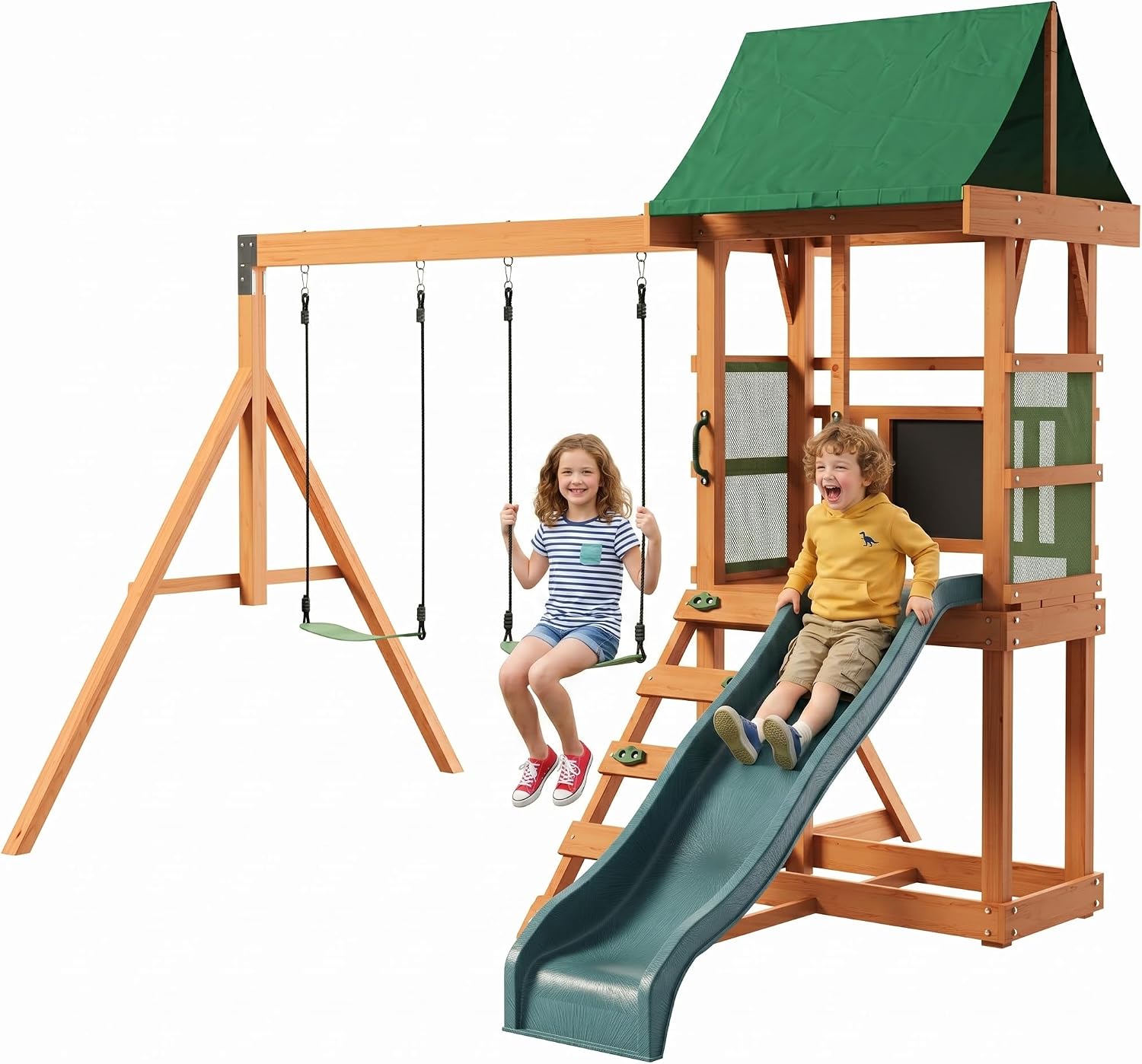 Wooden swing set with 6-foot wave slide, play deck, rock wall ladder, two belt swings, and canopy roof in natural wood finish — view 1