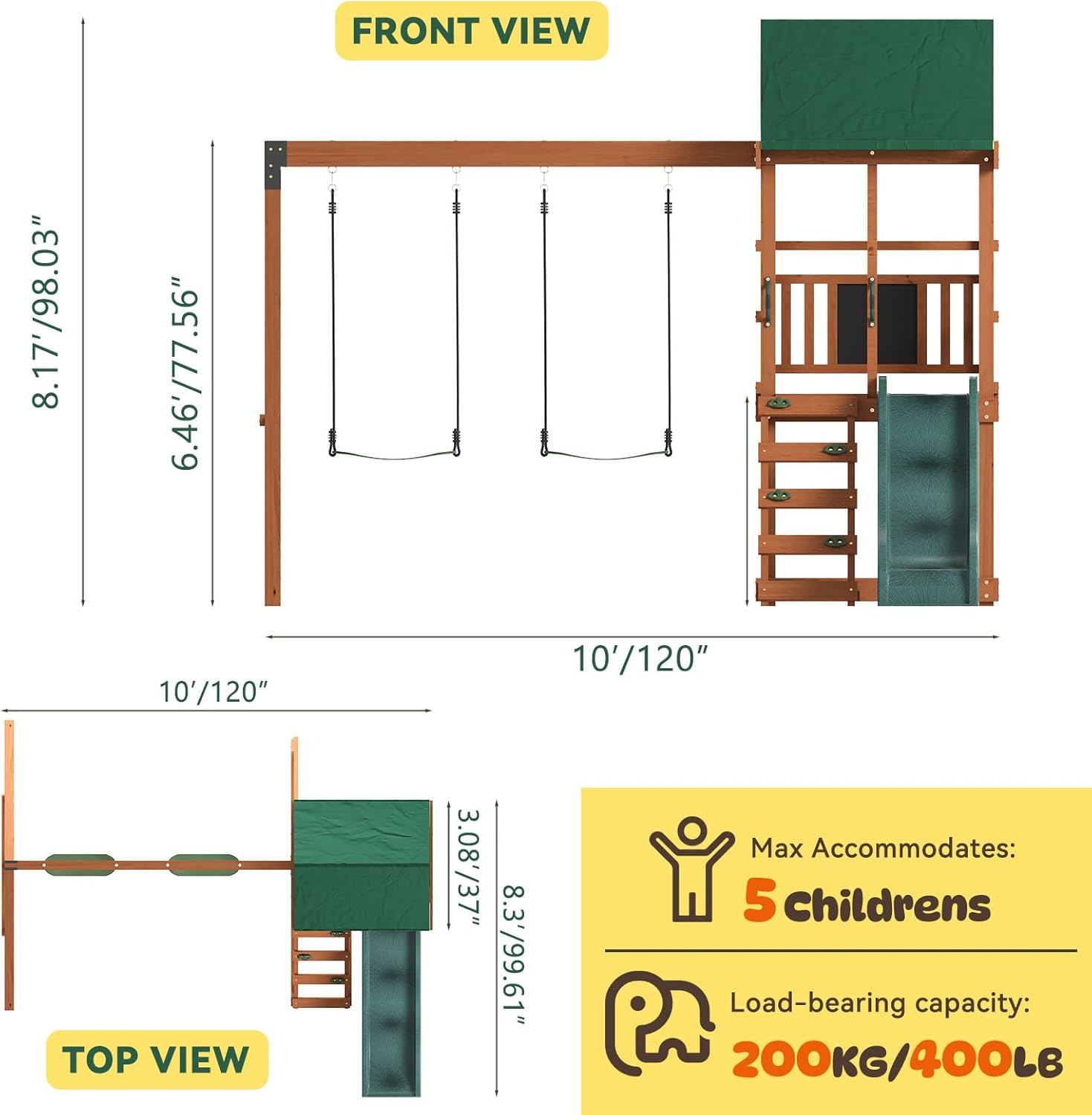 Wooden swing set with 6-foot wave slide, play deck, rock wall ladder, two belt swings, and canopy roof in natural wood finish — view 2
