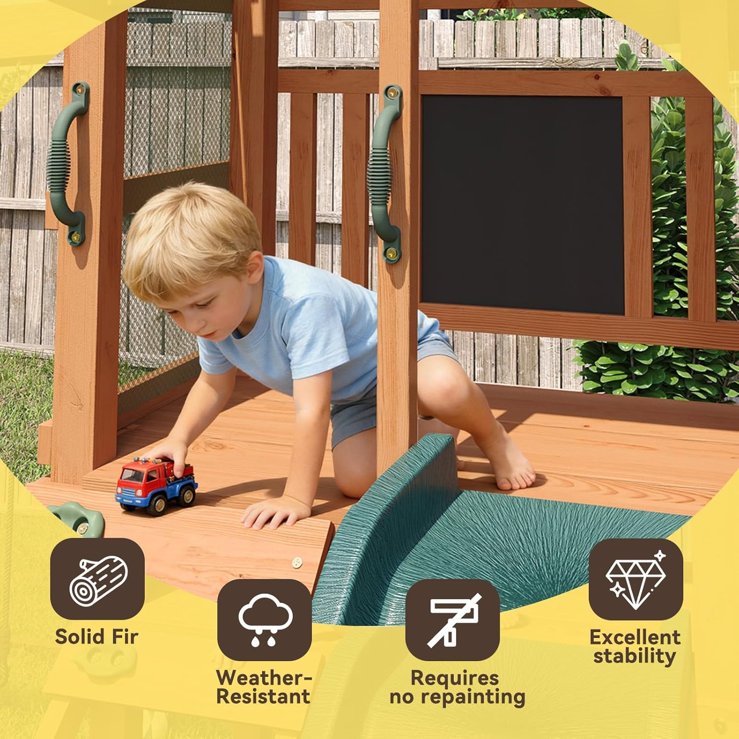 Wooden swing set with 6-foot wave slide, play deck, rock wall ladder, two belt swings, and canopy roof in natural wood finish — view 3
