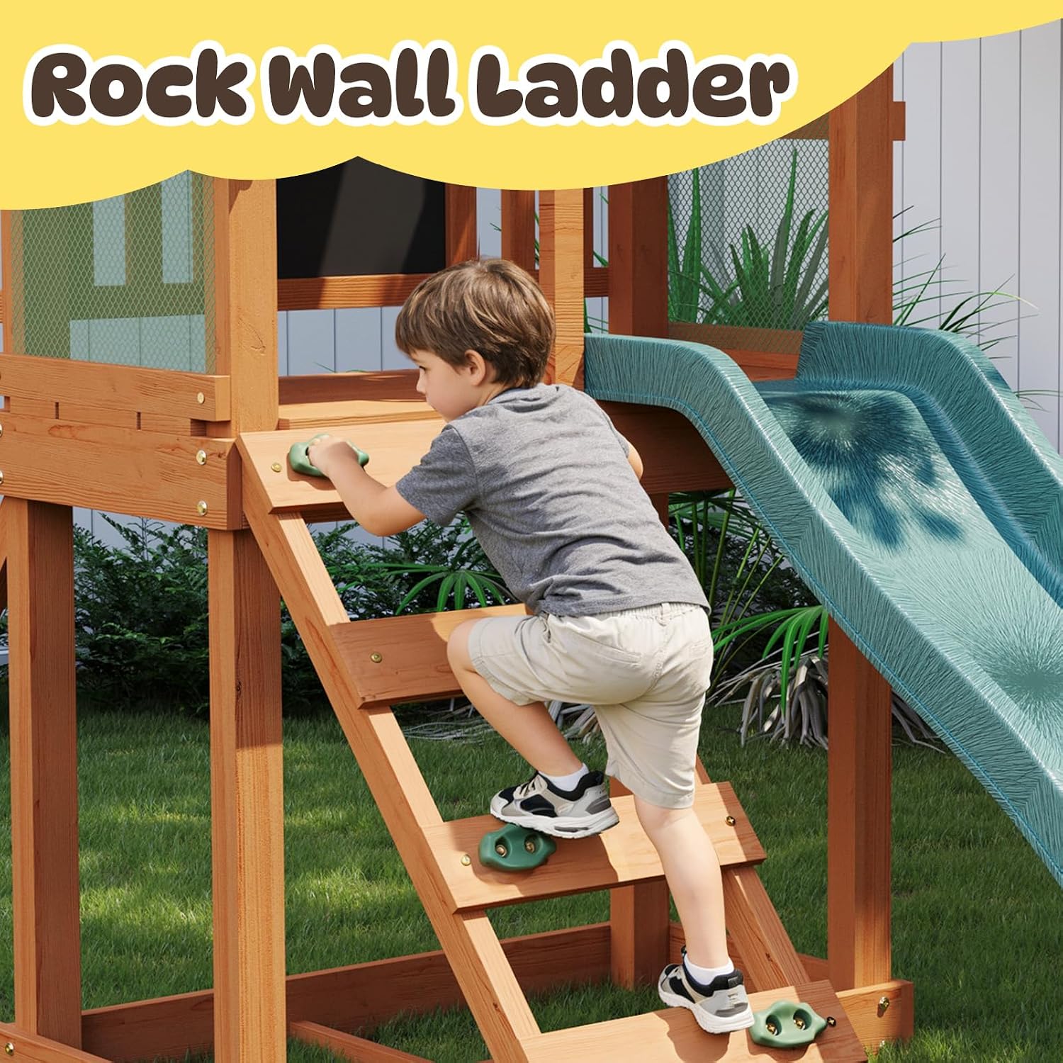 Wooden swing set with 6-foot wave slide, play deck, rock wall ladder, two belt swings, and canopy roof in natural wood finish — view 4