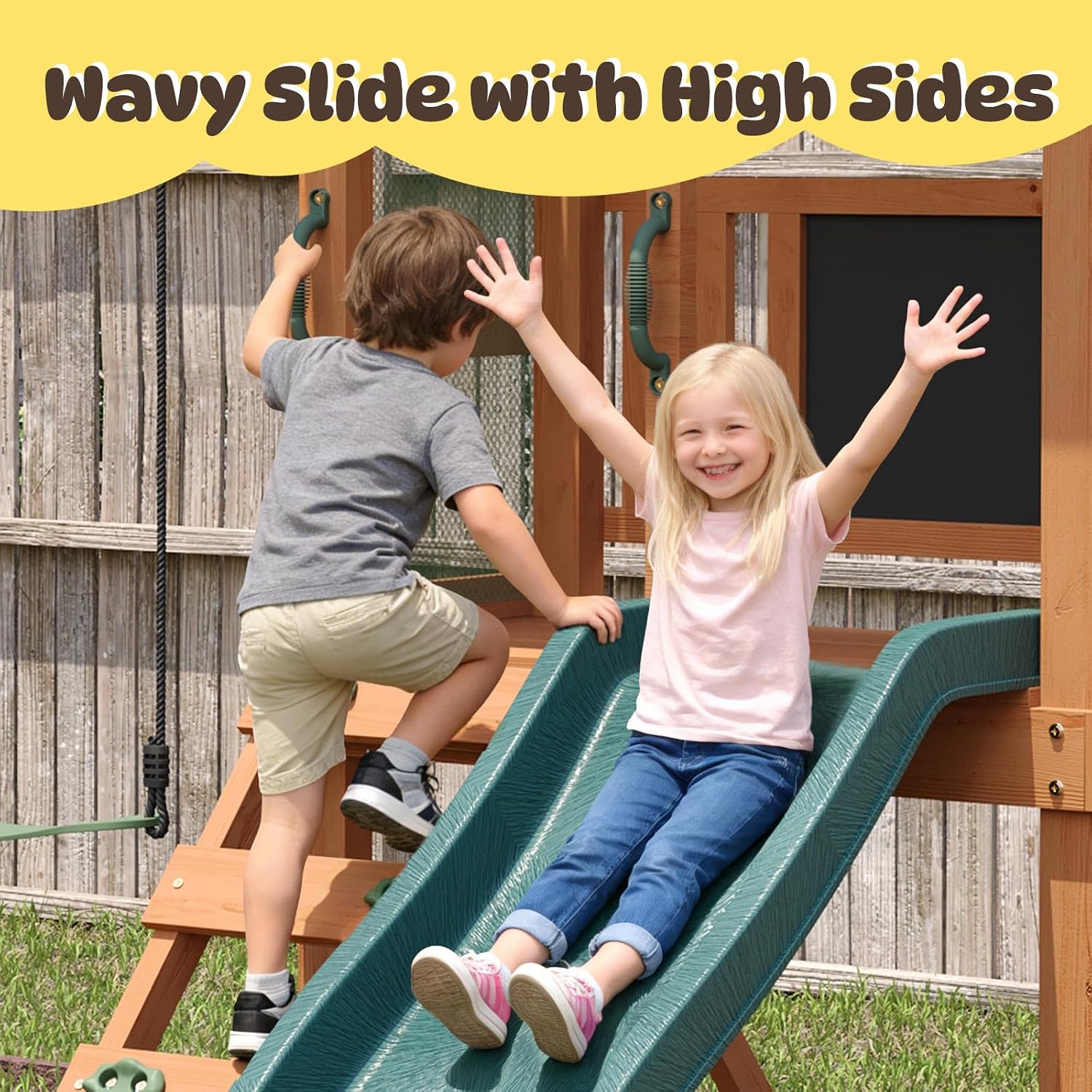 Wooden swing set with 6-foot wave slide, play deck, rock wall ladder, two belt swings, and canopy roof in natural wood finish — view 3