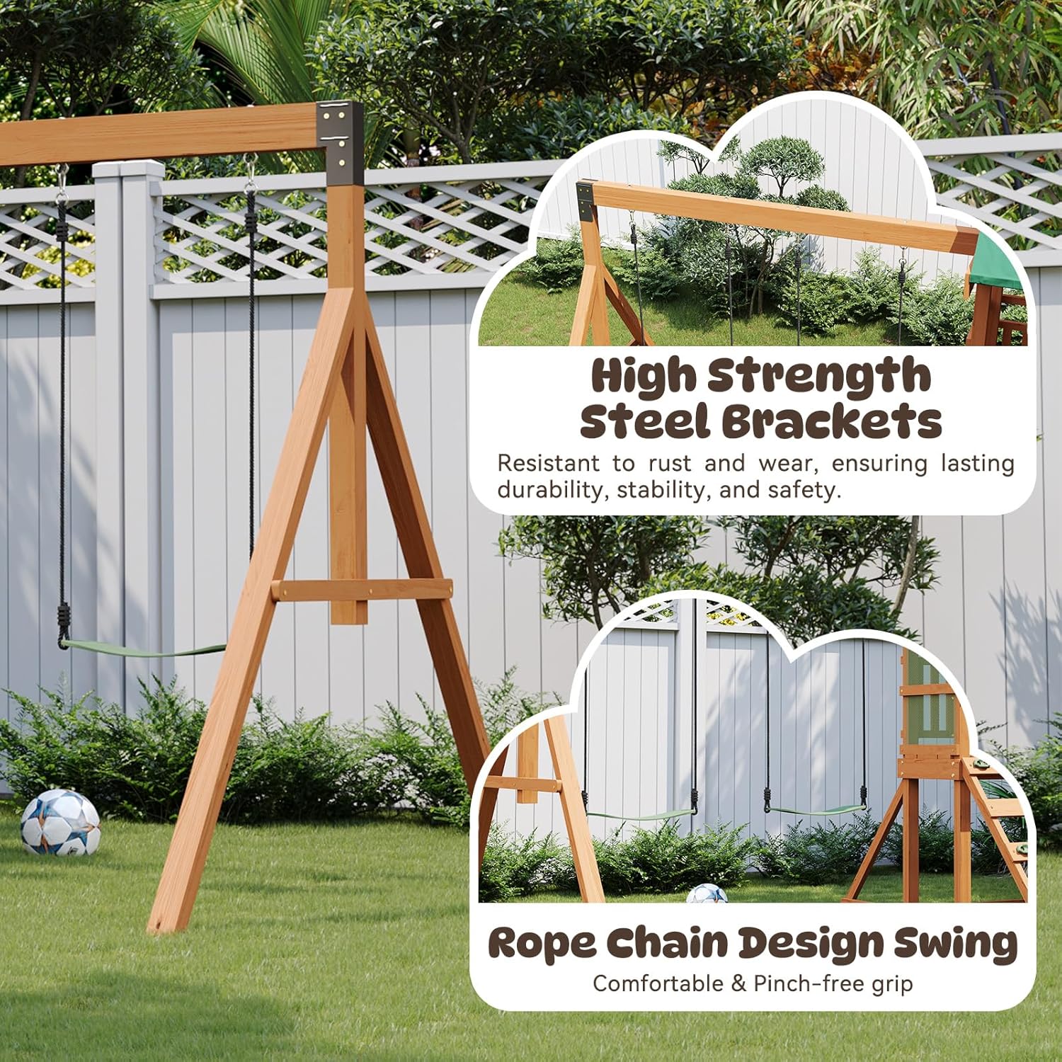 Wooden swing set with 6-foot wave slide, play deck, rock wall ladder, two belt swings, and canopy roof in natural wood finish — view 4