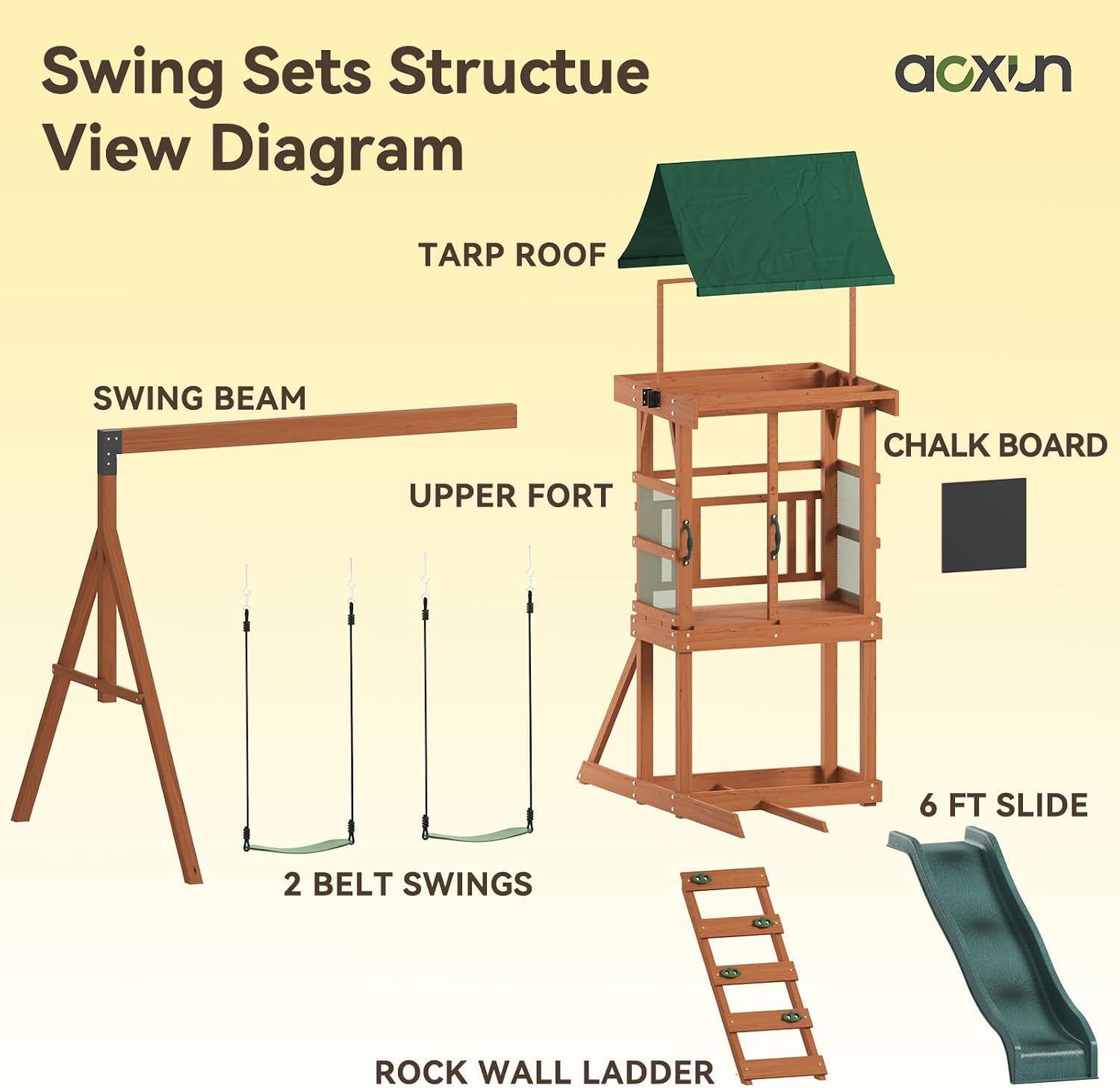 Wooden swing set with 6-foot wave slide, play deck, rock wall ladder, two belt swings, and canopy roof in natural wood finish — view 2